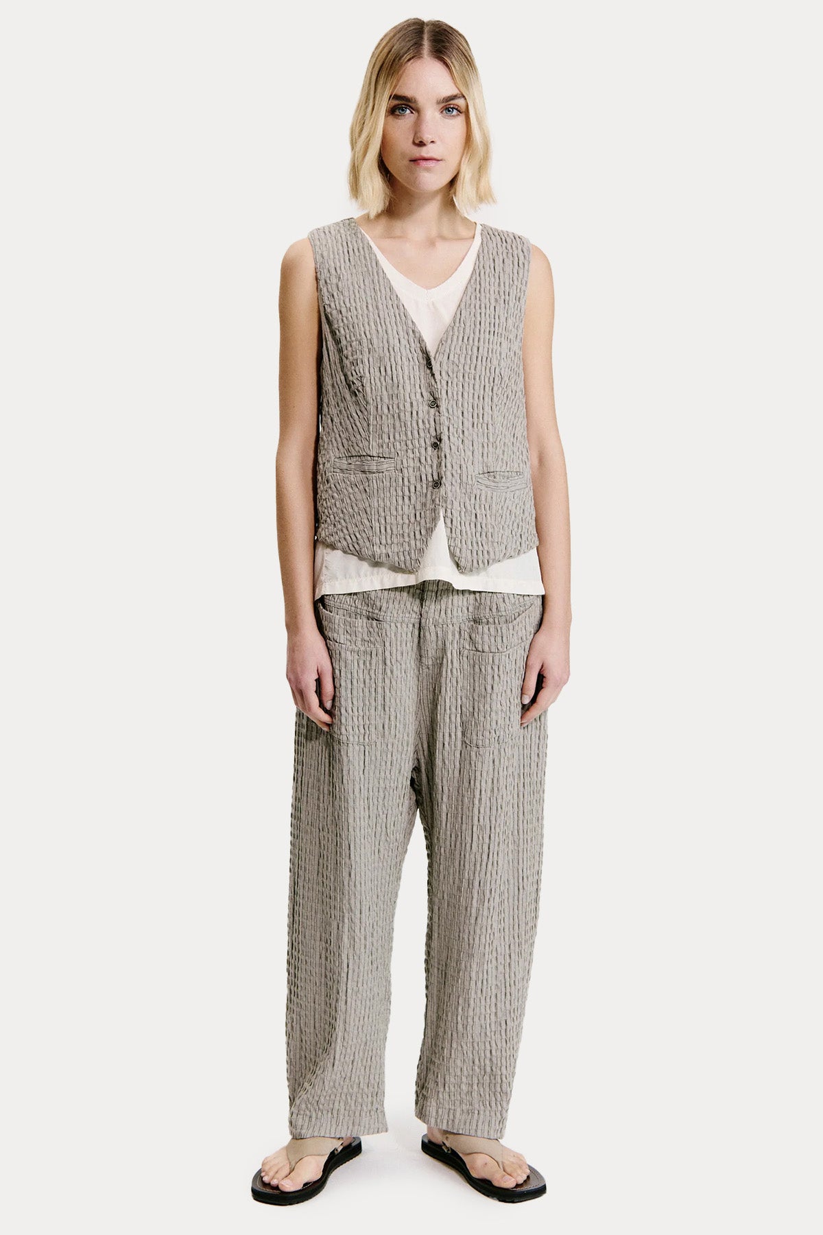 Transit V Yaka Gofre Kumaş Keten Yelek