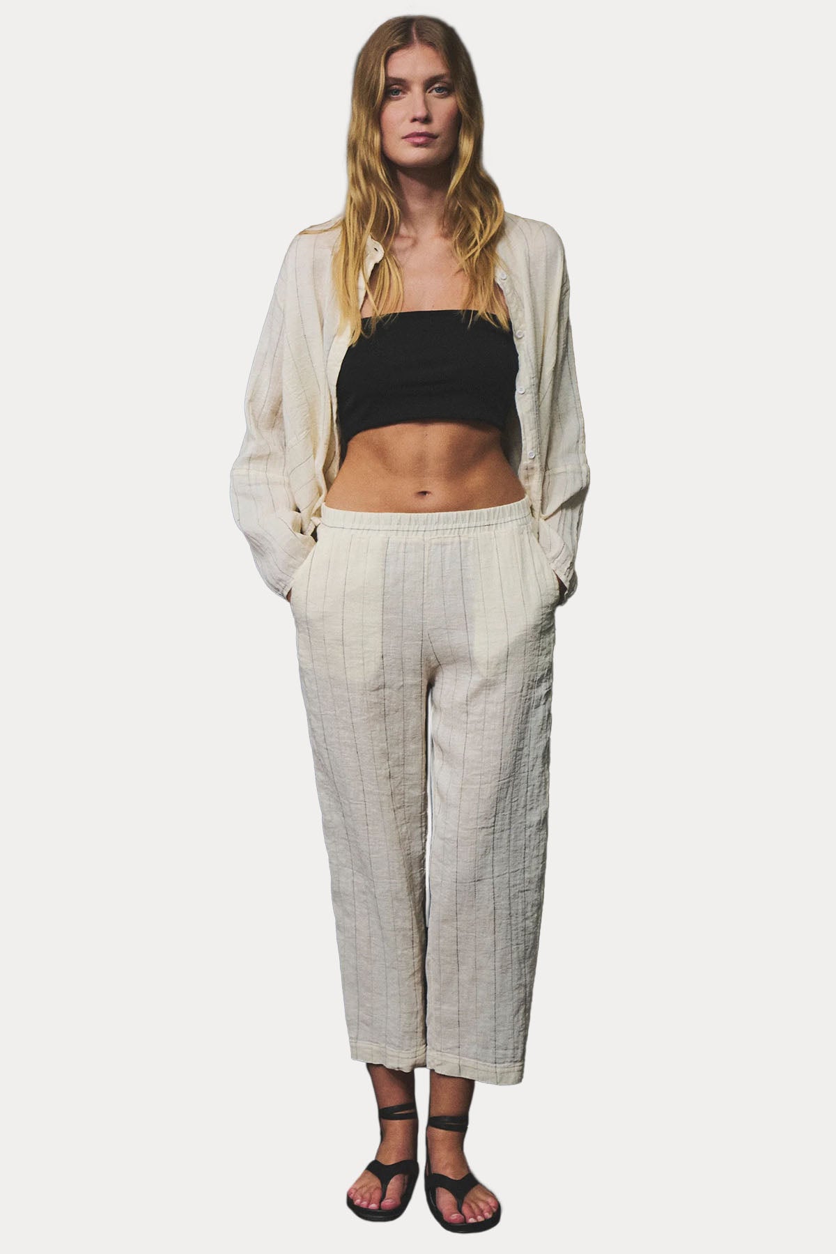 Transit Comfort Fit Çizgili Keten Pantolon