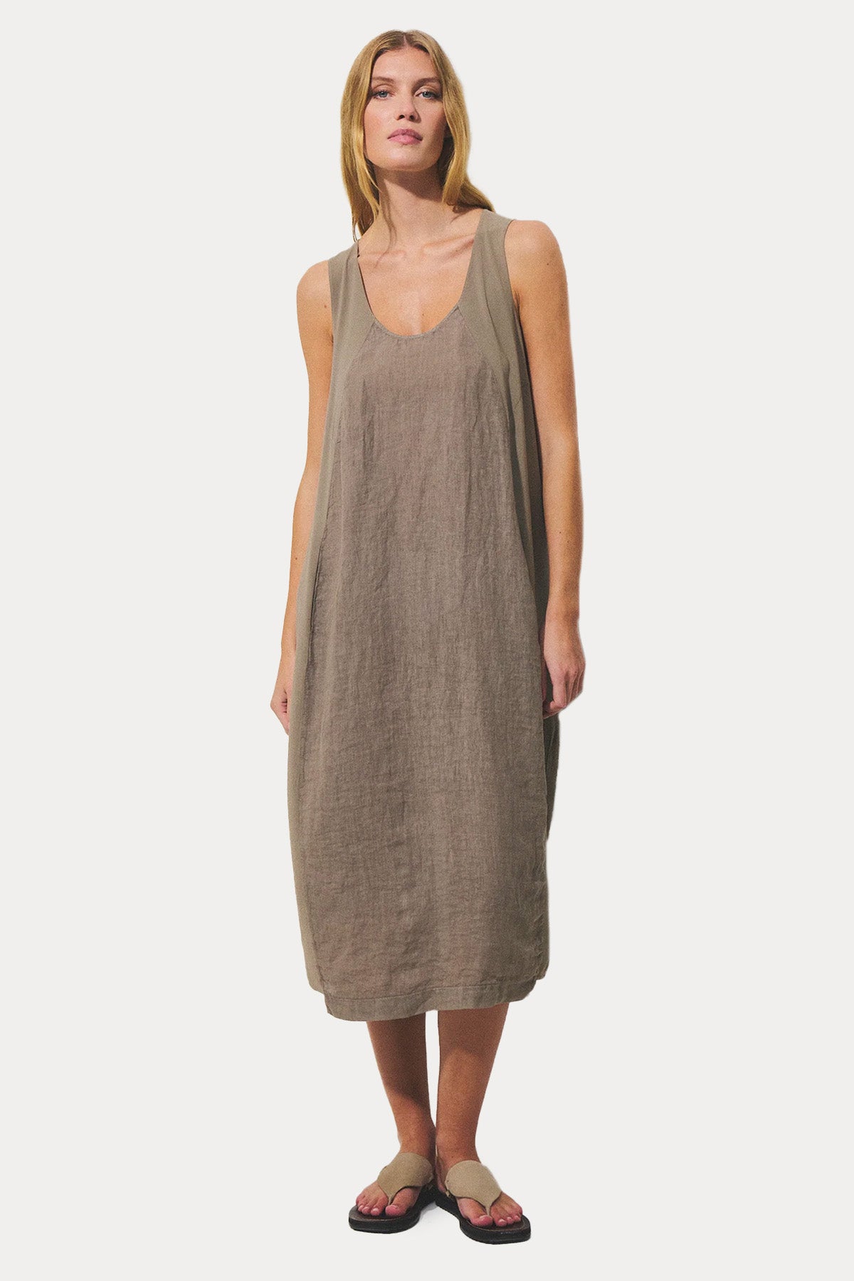 Transit Comfort Fit Geniş Yuvarlak Yaka Keten Midi Elbise