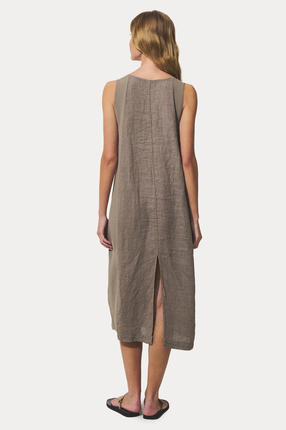 Transit Comfort Fit Geniş Yuvarlak Yaka Keten Midi Elbise