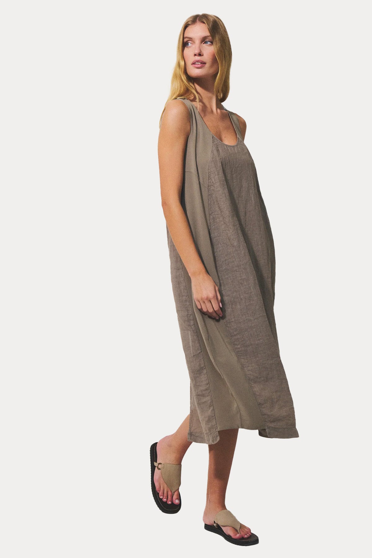 Transit Comfort Fit Geniş Yuvarlak Yaka Keten Midi Elbise