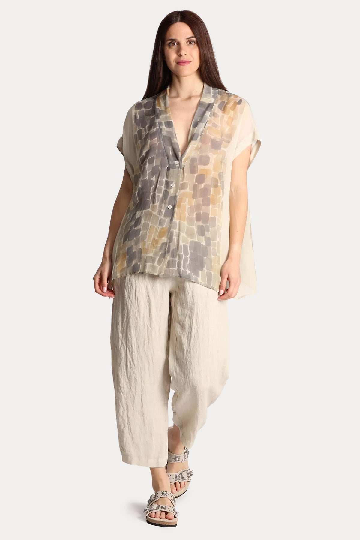 Transit Relaxed Fit V Yaka Desenli Gömlek