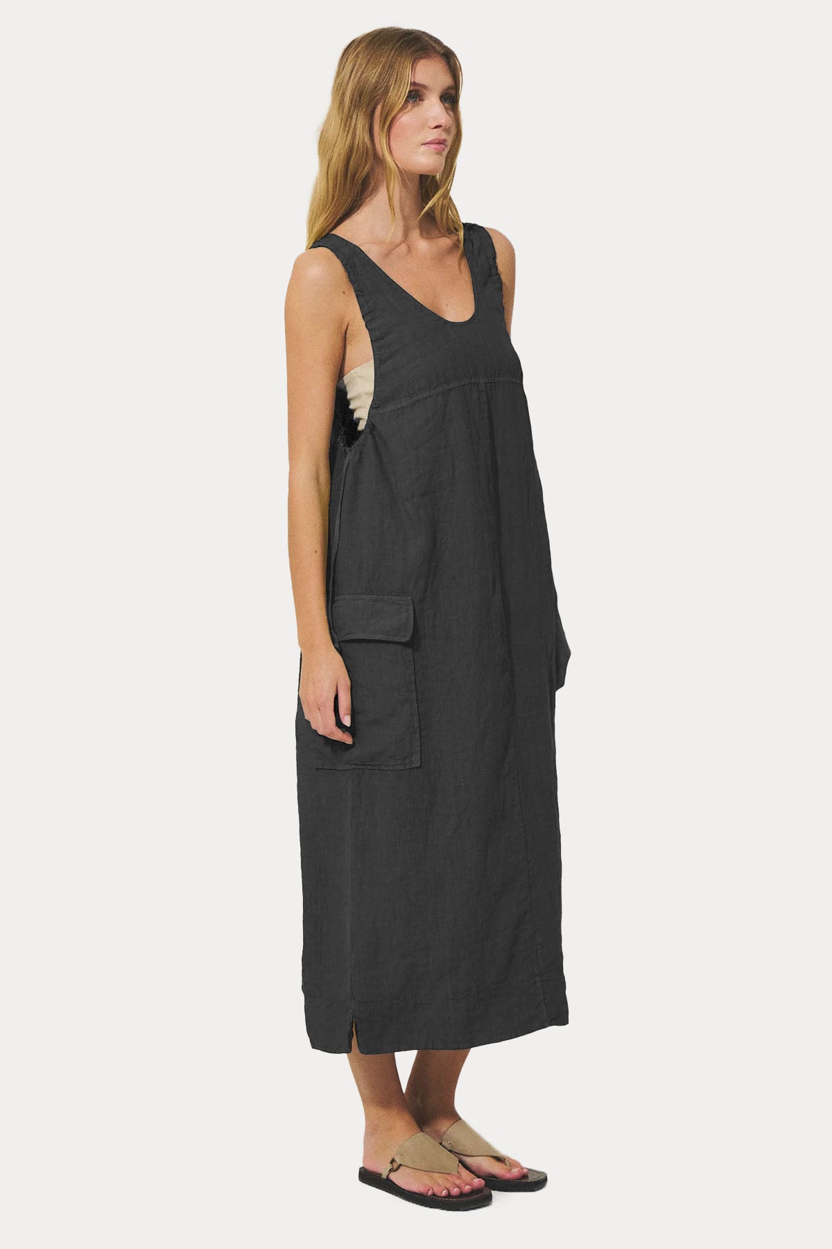 Transit Relaxed Fit Geniş Yuvarlak Yaka Keten Midi Elbise