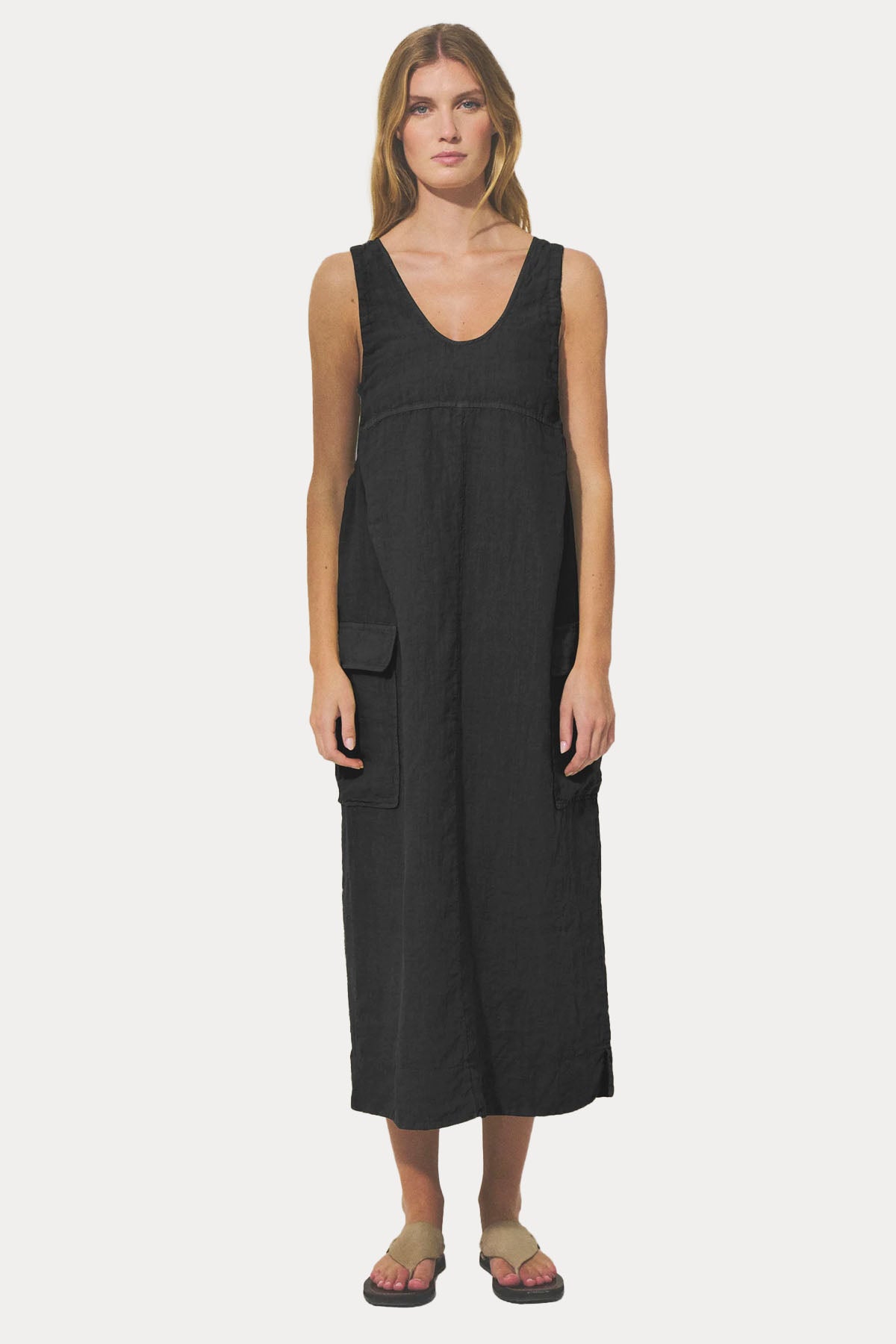 Transit Relaxed Fit Geniş Yuvarlak Yaka Keten Midi Elbise