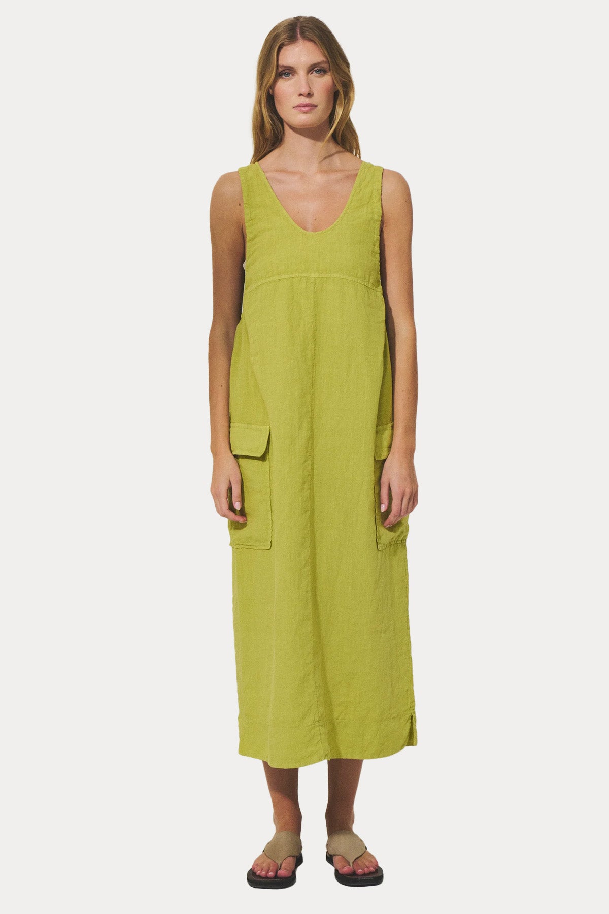 Transit Relaxed Fit Geniş Yuvarlak Yaka Keten Midi Elbise