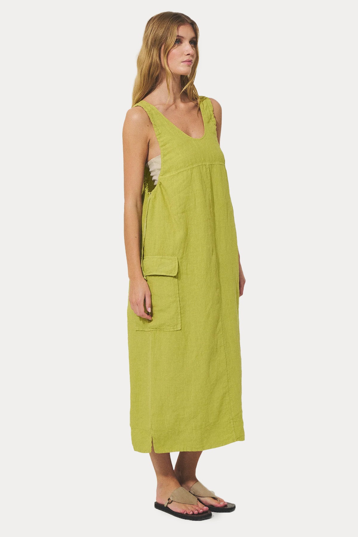 Transit Relaxed Fit Geniş Yuvarlak Yaka Keten Midi Elbise