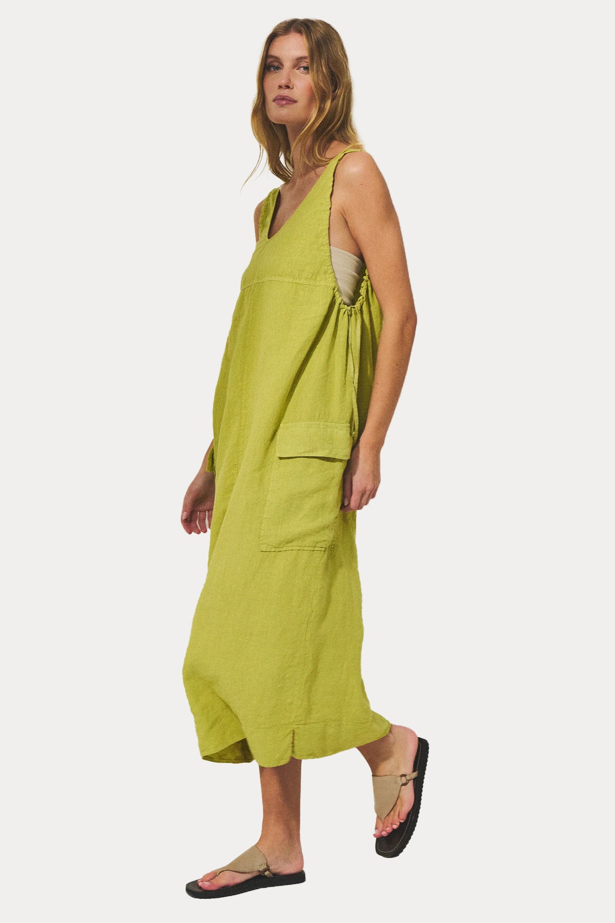 Transit Relaxed Fit Geniş Yuvarlak Yaka Keten Midi Elbise