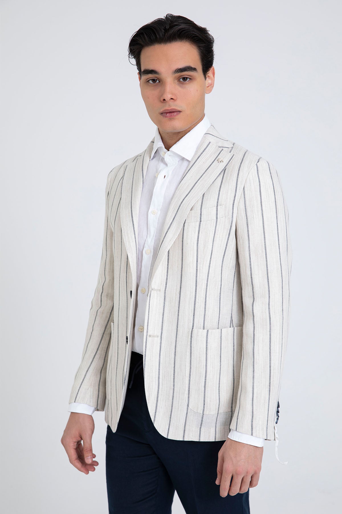Manuel Ritz Spor Cepli Çizgili Keten Blazer Ceket