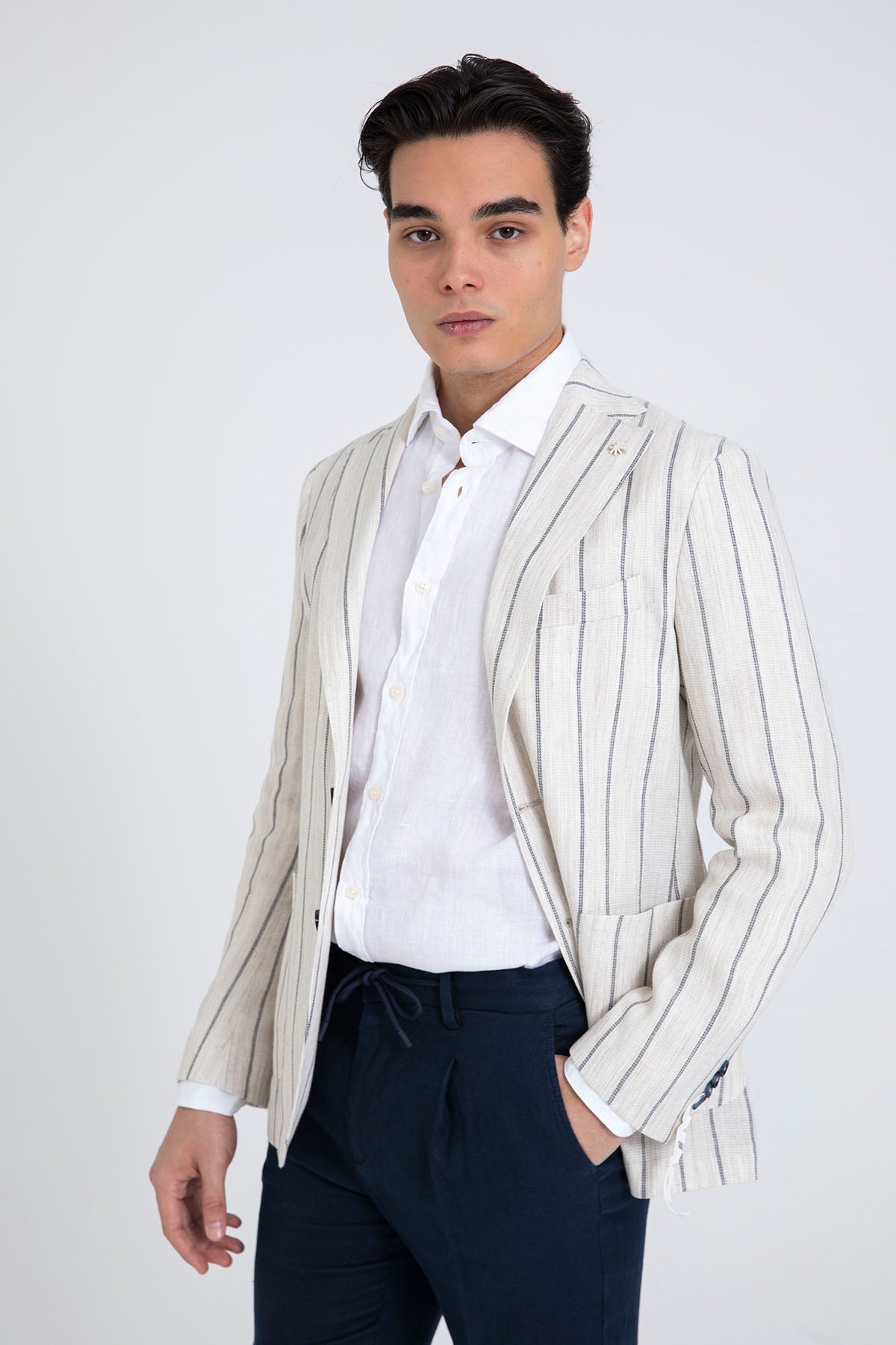 Manuel Ritz Spor Cepli Çizgili Keten Blazer Ceket