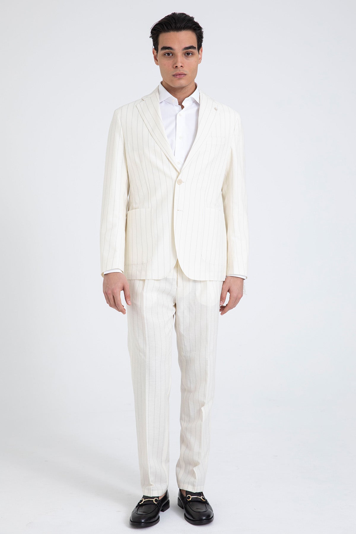 Manuel Ritz Slim Fit Çizgili Yünlü Keten Takım Elbise