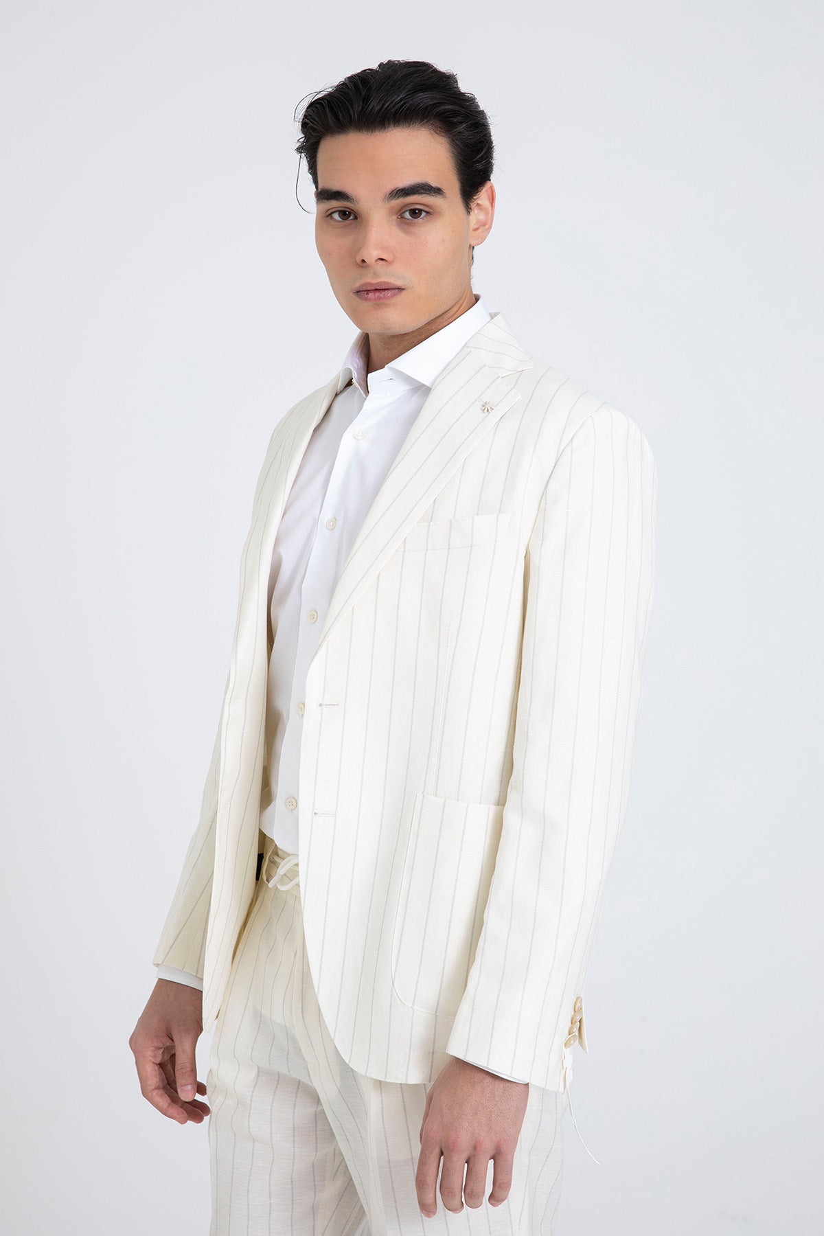 Manuel Ritz Slim Fit Çizgili Yünlü Keten Takım Elbise