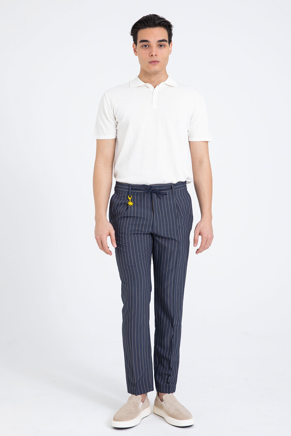 Manuel Ritz Slim Fit Beli Lastikli Tek Pile Yandan Cepli Çizgili Pantolon