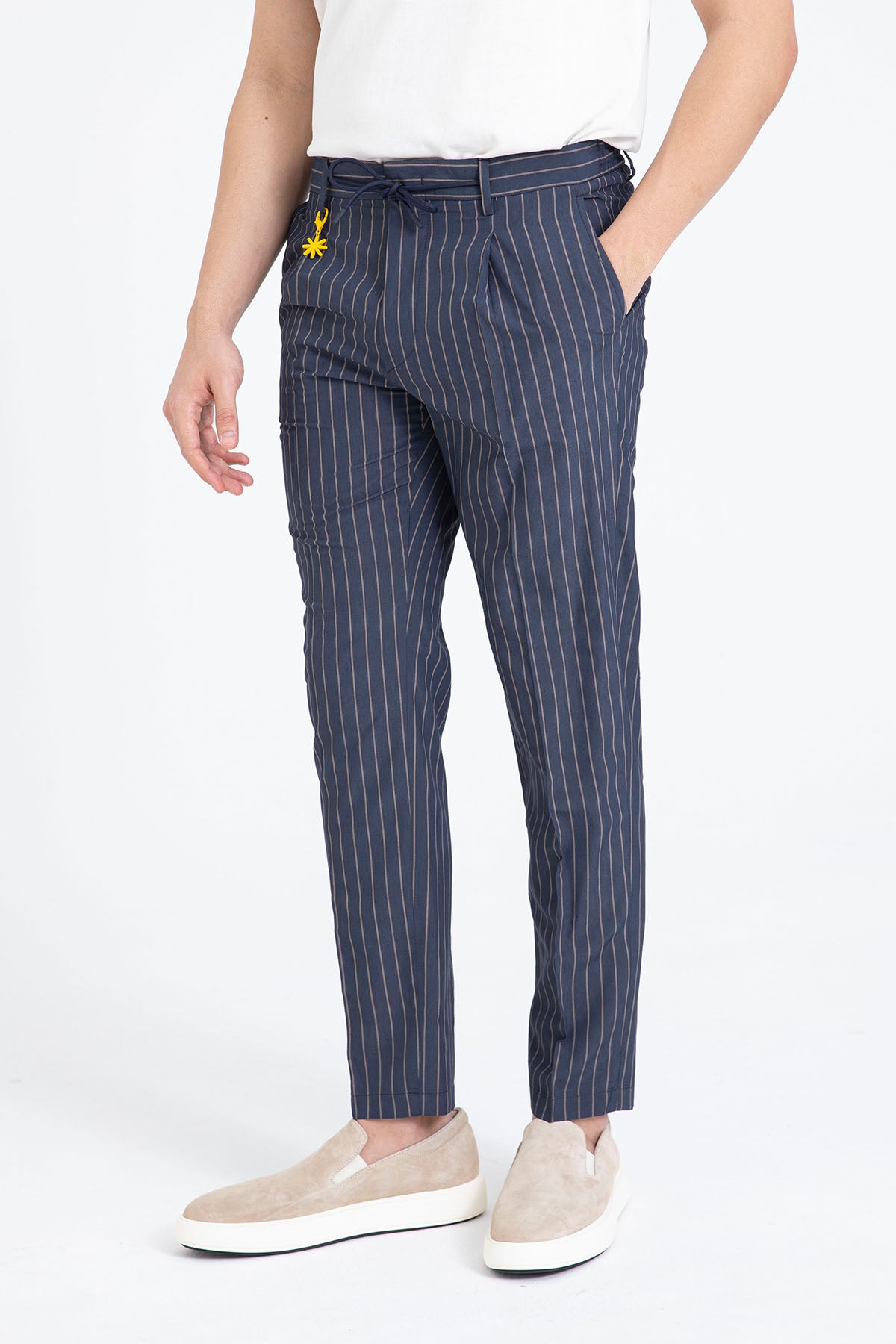 Manuel Ritz Slim Fit Beli Lastikli Tek Pile Yandan Cepli Çizgili Pantolon