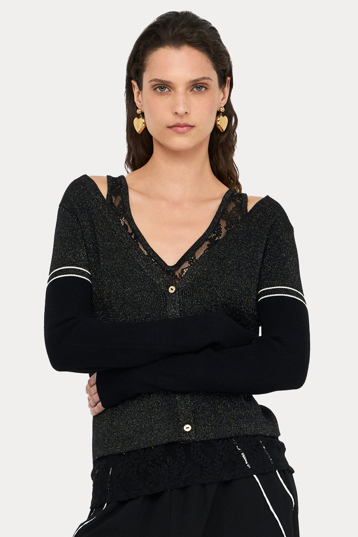 Liu Jo V Yaka Şerit Detaylı İnce Örgü Triko Ceket