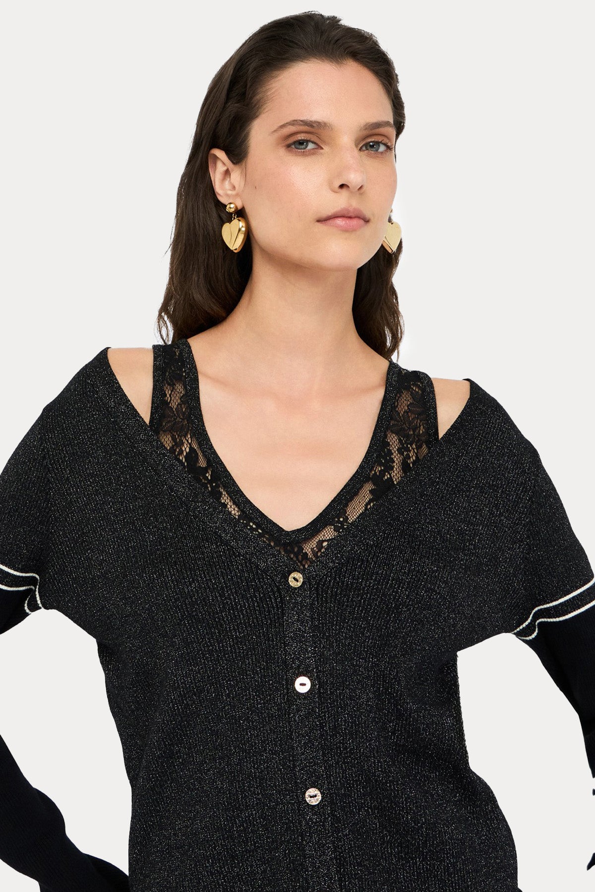 Liu Jo V Yaka Şerit Detaylı İnce Örgü Triko Ceket