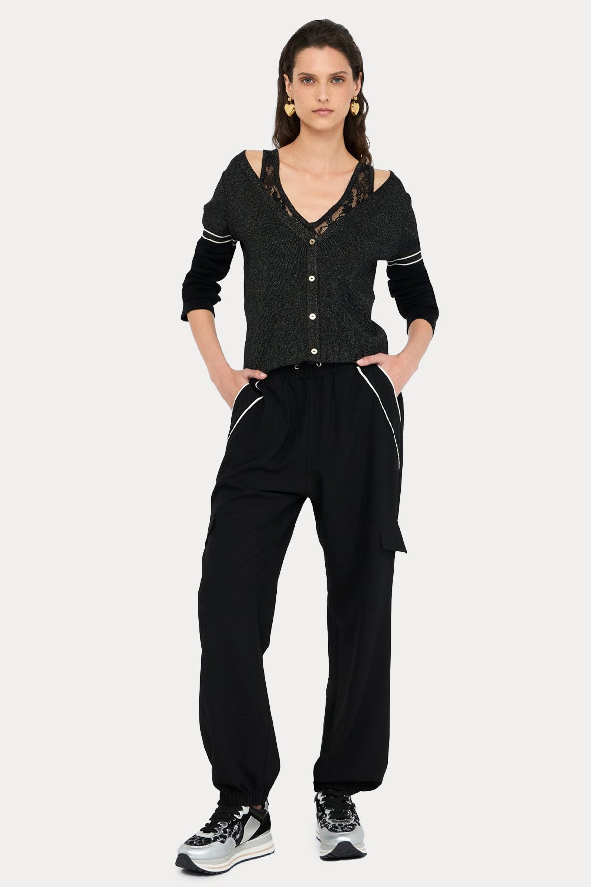 Liu Jo V Yaka Şerit Detaylı İnce Örgü Triko Ceket