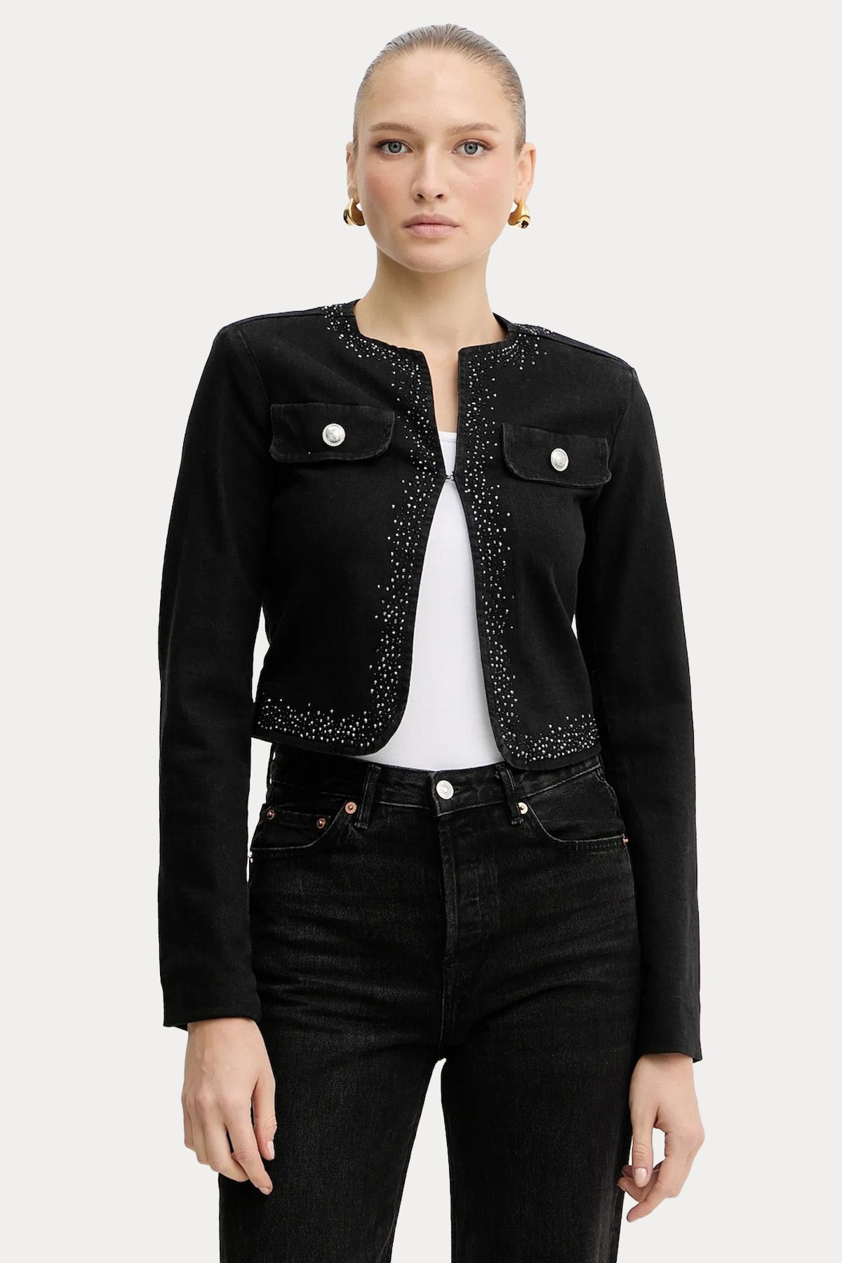 Liu Jo Parlak Taş Aksesuarlı Crop Denim Ceket