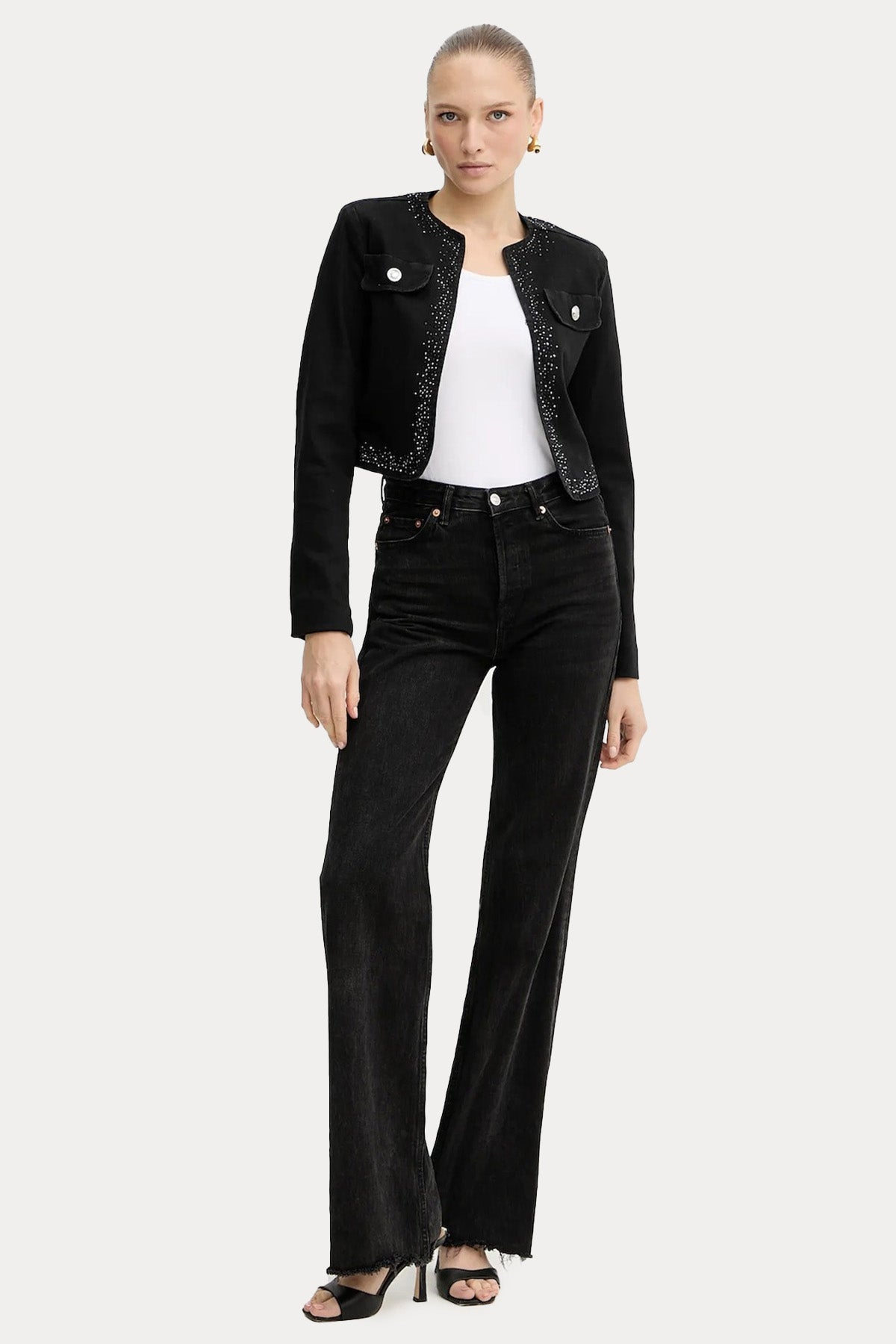 Liu Jo Parlak Taş Aksesuarlı Crop Denim Ceket