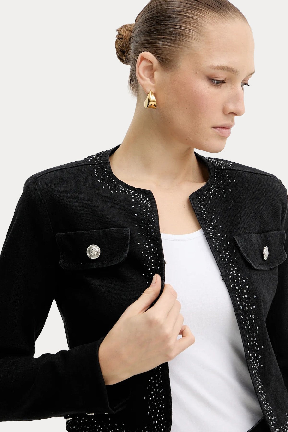 Liu Jo Parlak Taş Aksesuarlı Crop Denim Ceket