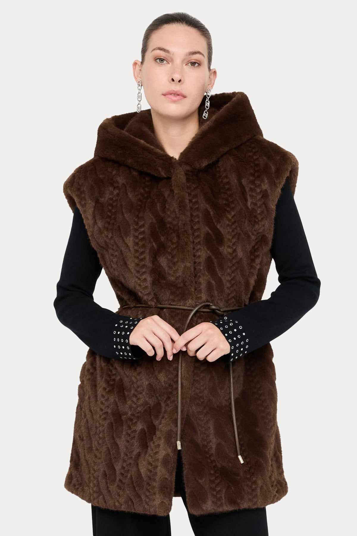 Liu Jo Regular Fit Kapüşonlu Örgü Peluş Yelek