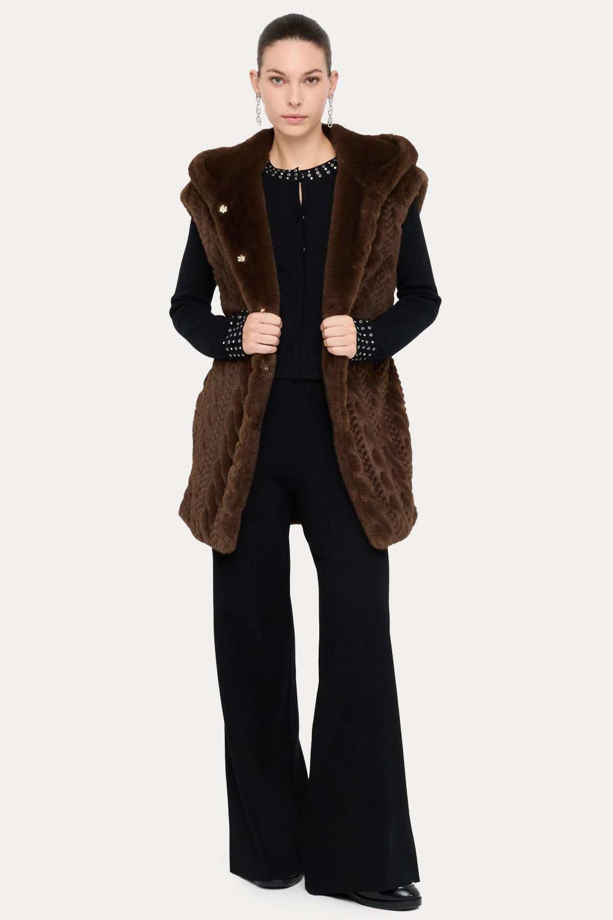 Liu Jo Regular Fit Kapüşonlu Örgü Peluş Yelek