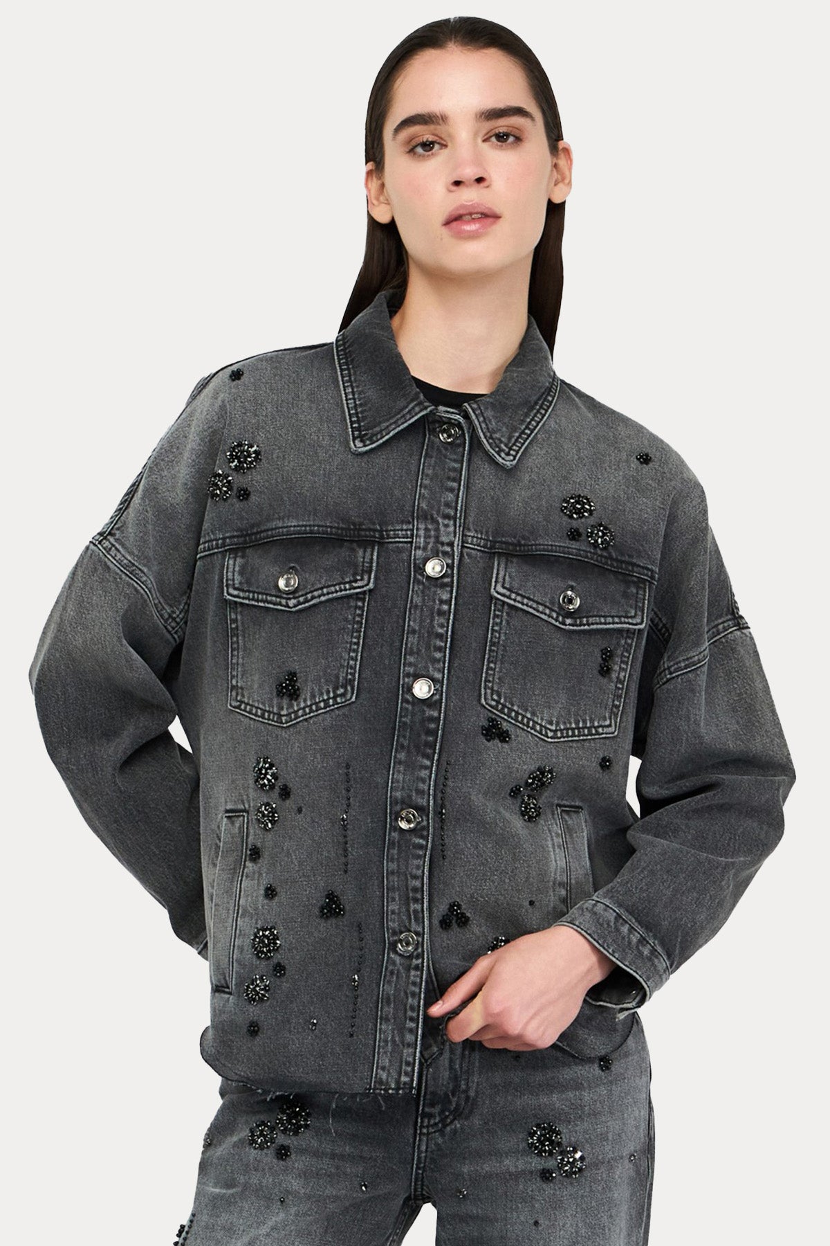 Liu Jo Spor Cepli Parlak Aksesuarlı Denim Ceket