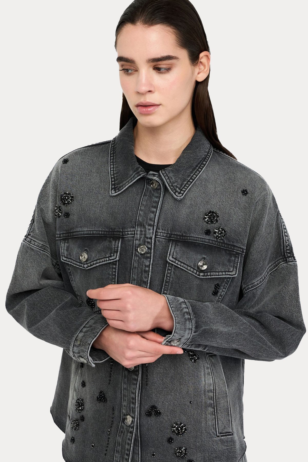 Liu Jo Spor Cepli Parlak Aksesuarlı Denim Ceket