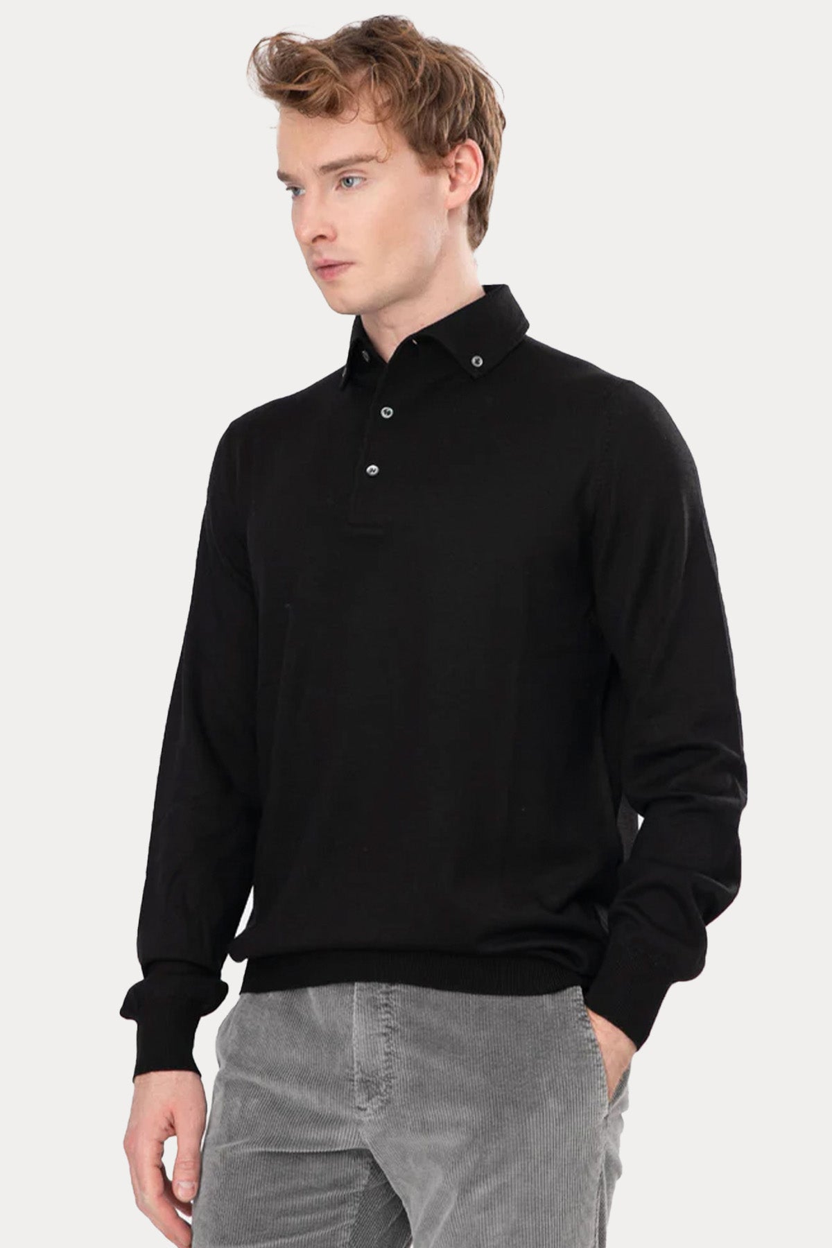 Gran Sasso Düğmeli Polo Yaka İnce Örgü Yün Triko