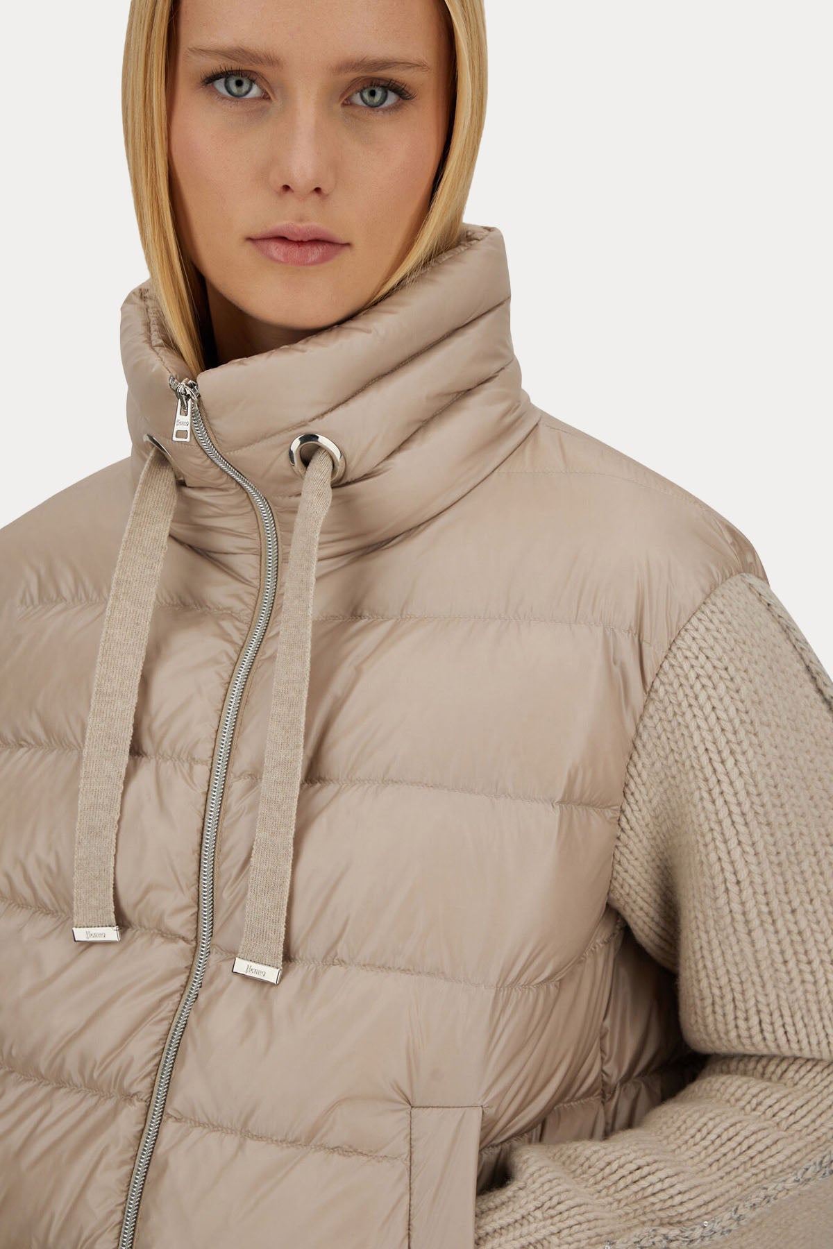 Herno Büzgülü Dik Yaka Yün Örgü Kollu Puffer Ceket