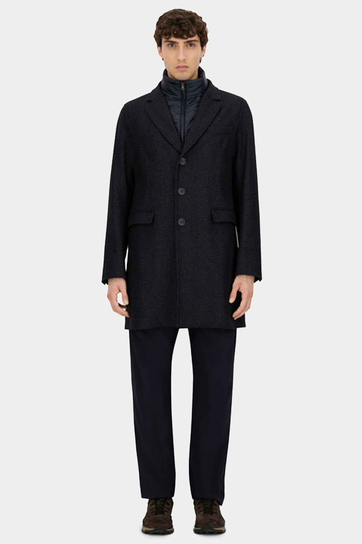 Herno Balıksırtı Desenli Demonte Puffer İç Parçalı Yün Kaban