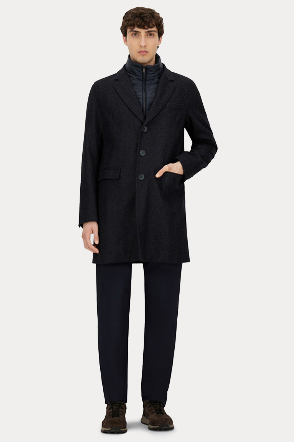 Herno Balıksırtı Desenli Demonte Puffer İç Parçalı Yün Kaban