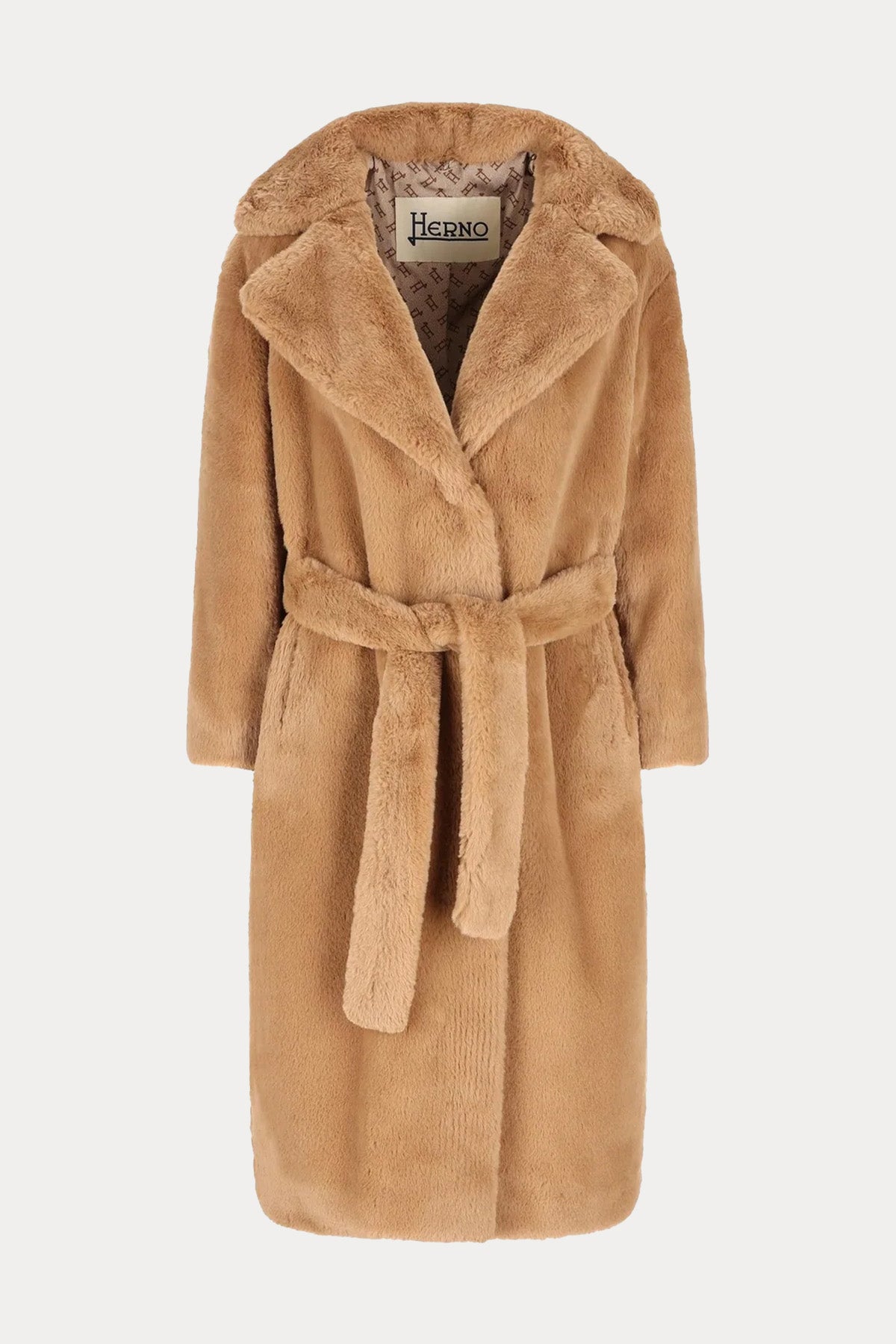 Herno Geniş Yakalı Kemerli Peluş Manto
