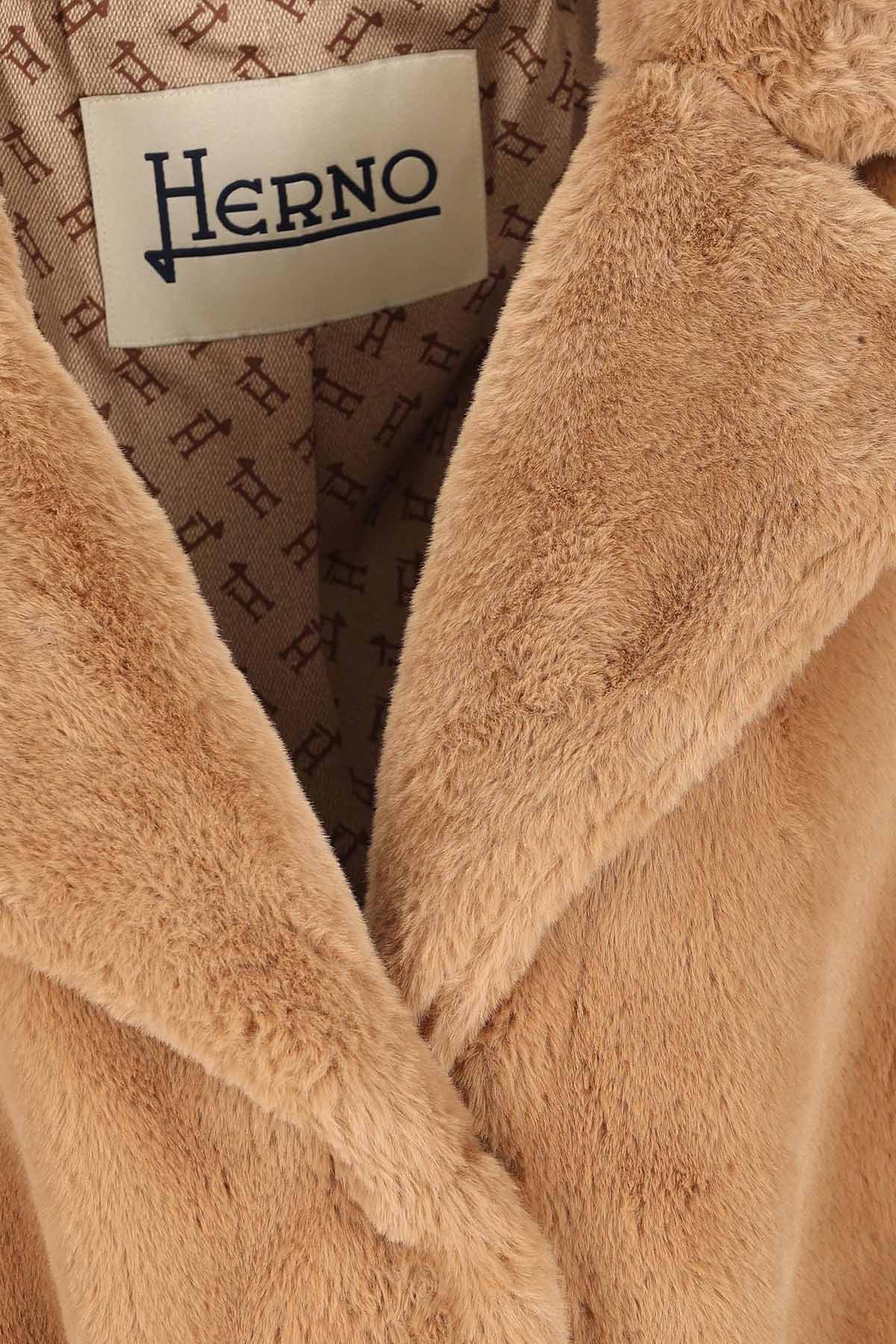 Herno Geniş Yakalı Kemerli Peluş Manto