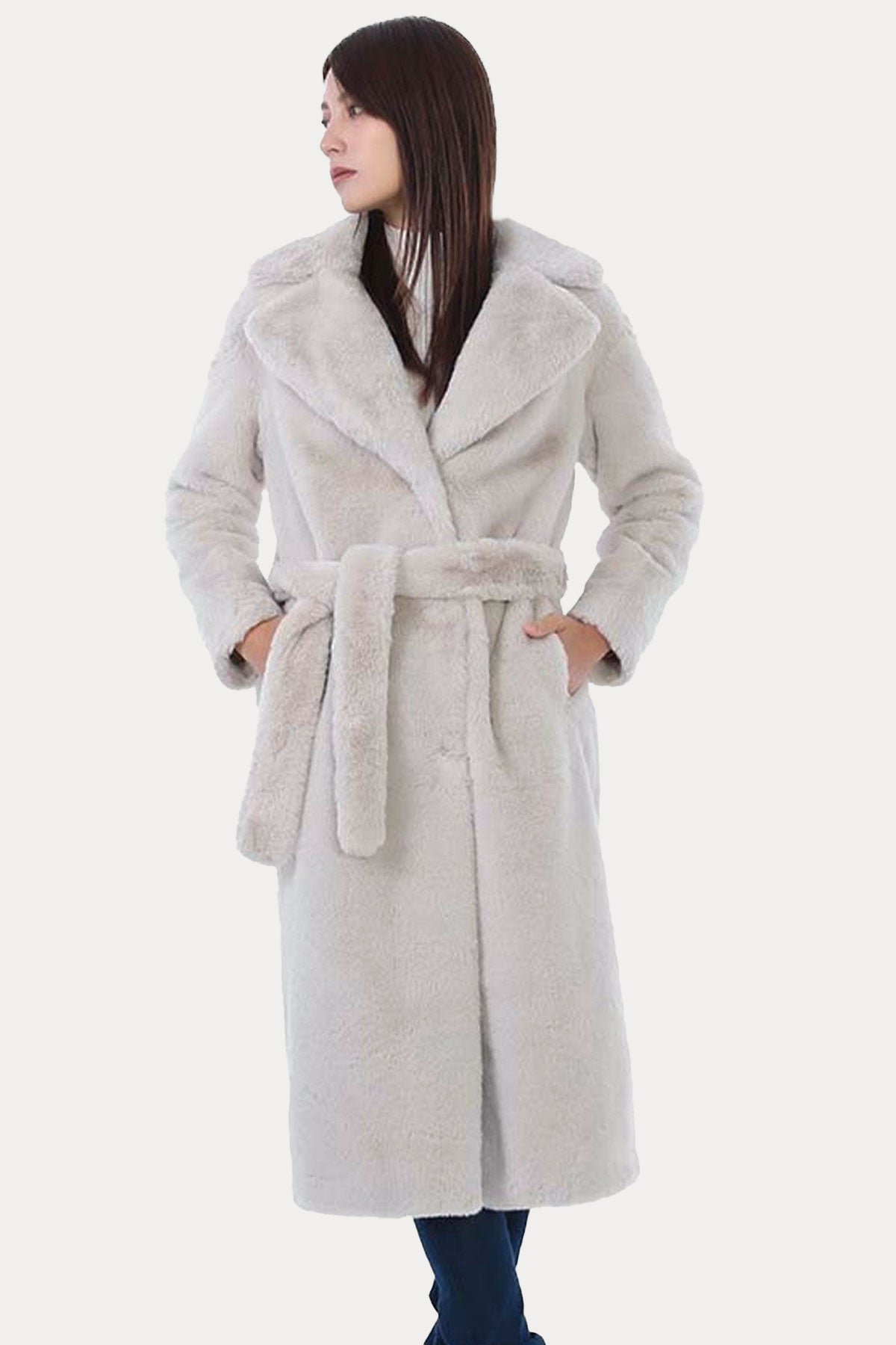 Herno Geniş Yakalı Kemerli Peluş Manto