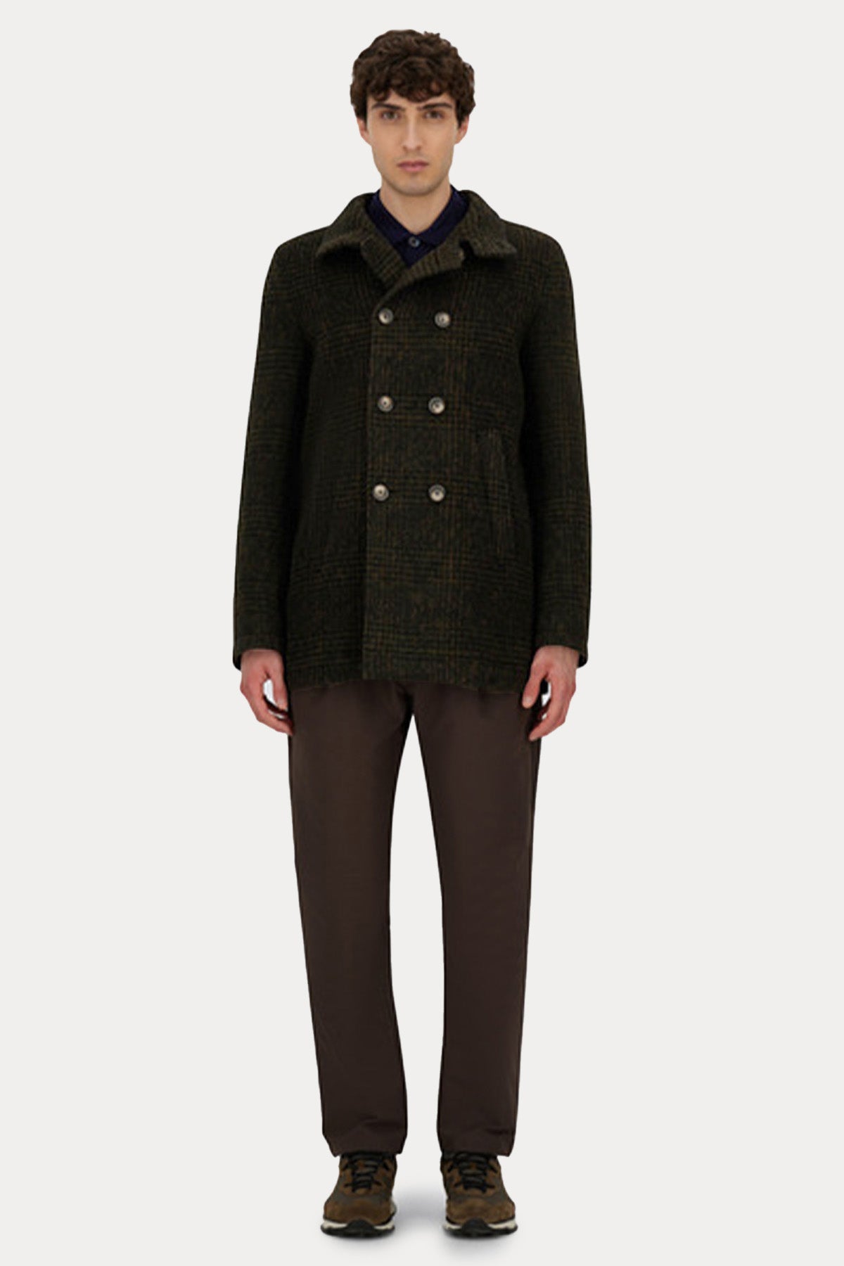 Herno Regular Fit Dik Yaka Ekose Desenli Kruvaze Yün Kaban