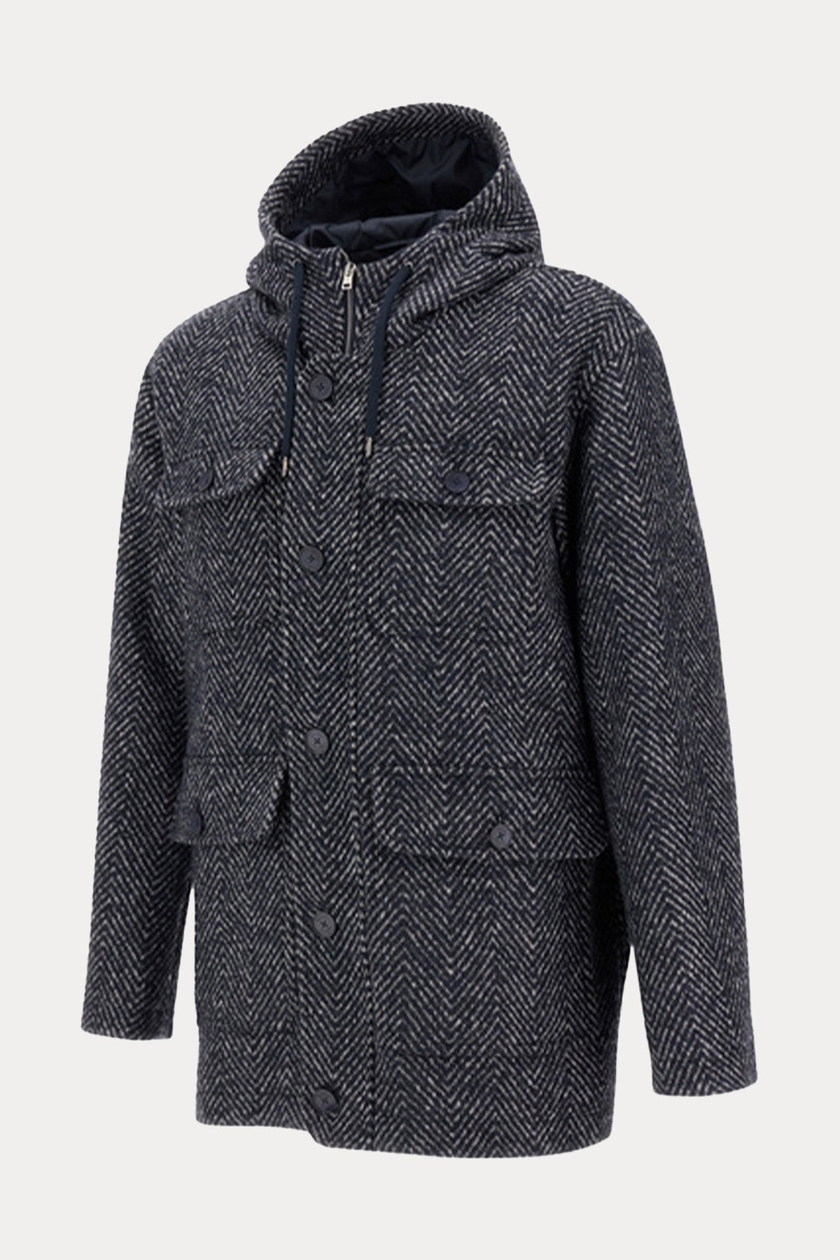 Herno Comfort Fit Balıksırtı Desenli Kapüşonlu Yün Kaban