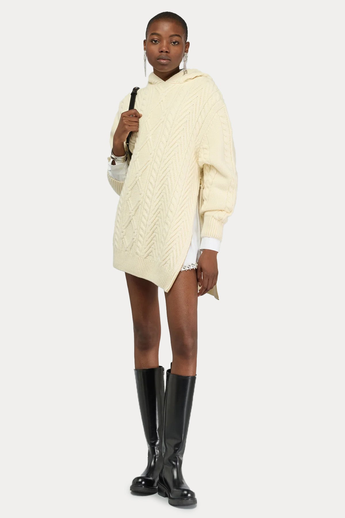 Semicouture Relaxed Fit Kapüşonlu Saç Örgü Yün Triko