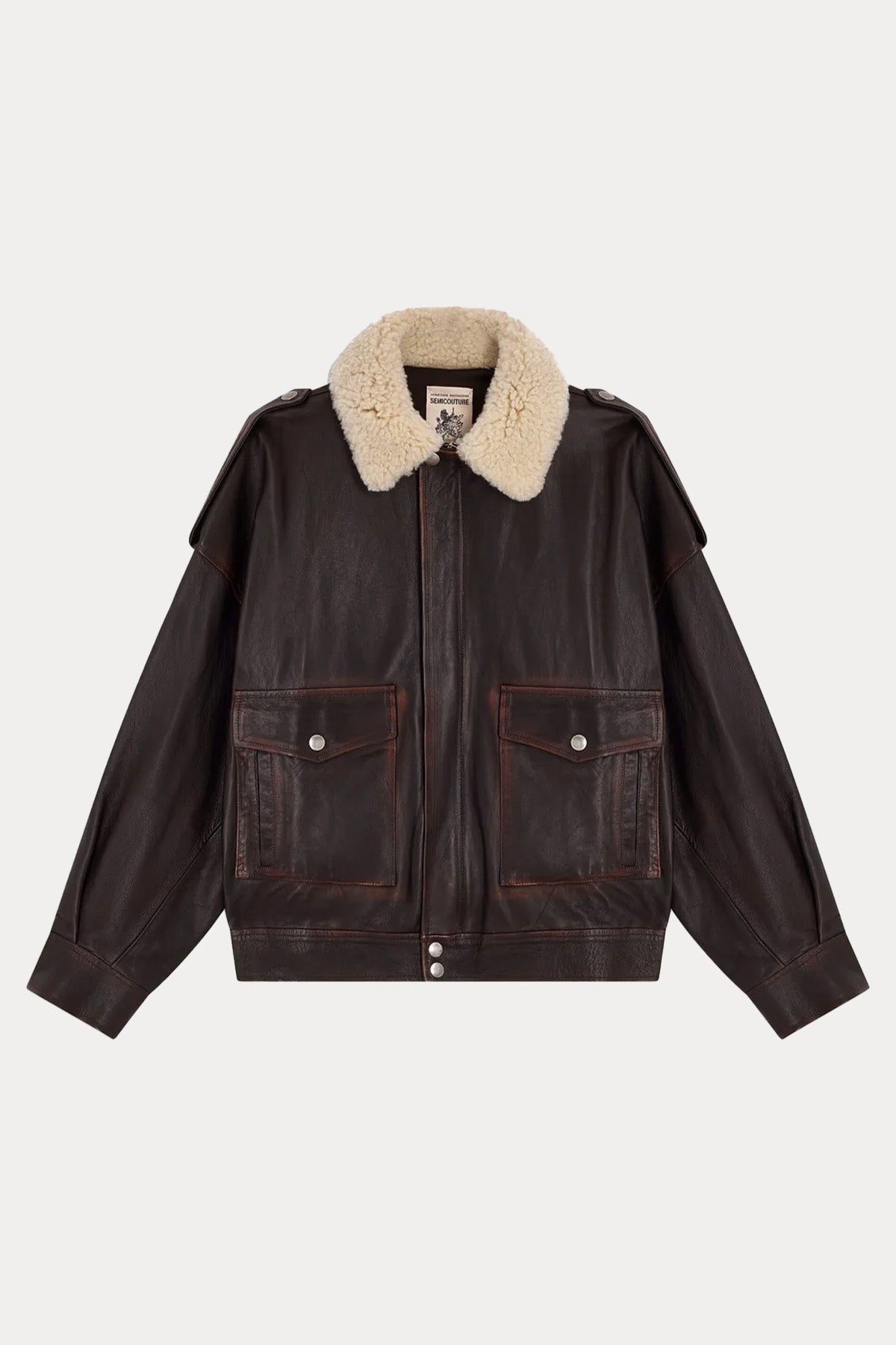 Semicouture Geniş Kesim Yakası Kürklü Bomber Deri Ceket