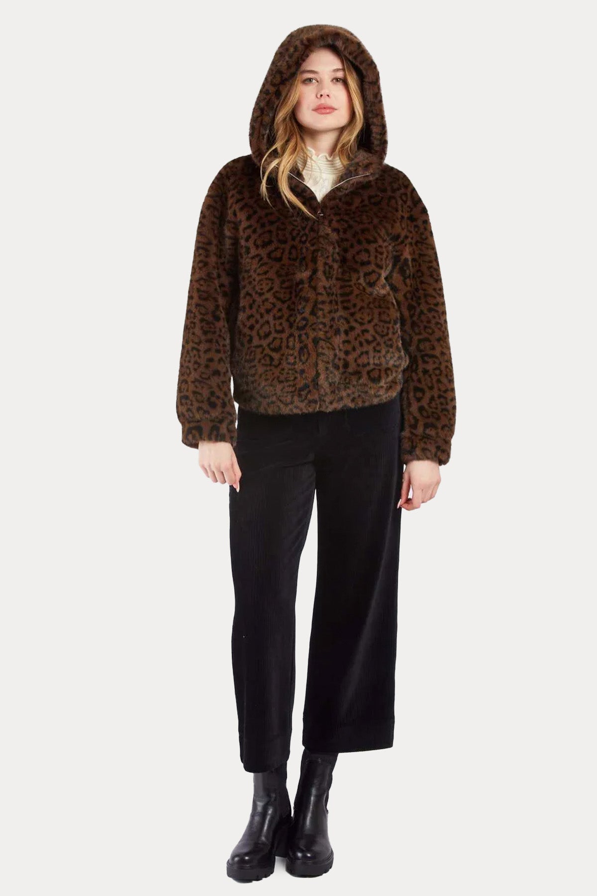 Rene Derhy Leopar Desenli Kapüşonlu Peluş Mont