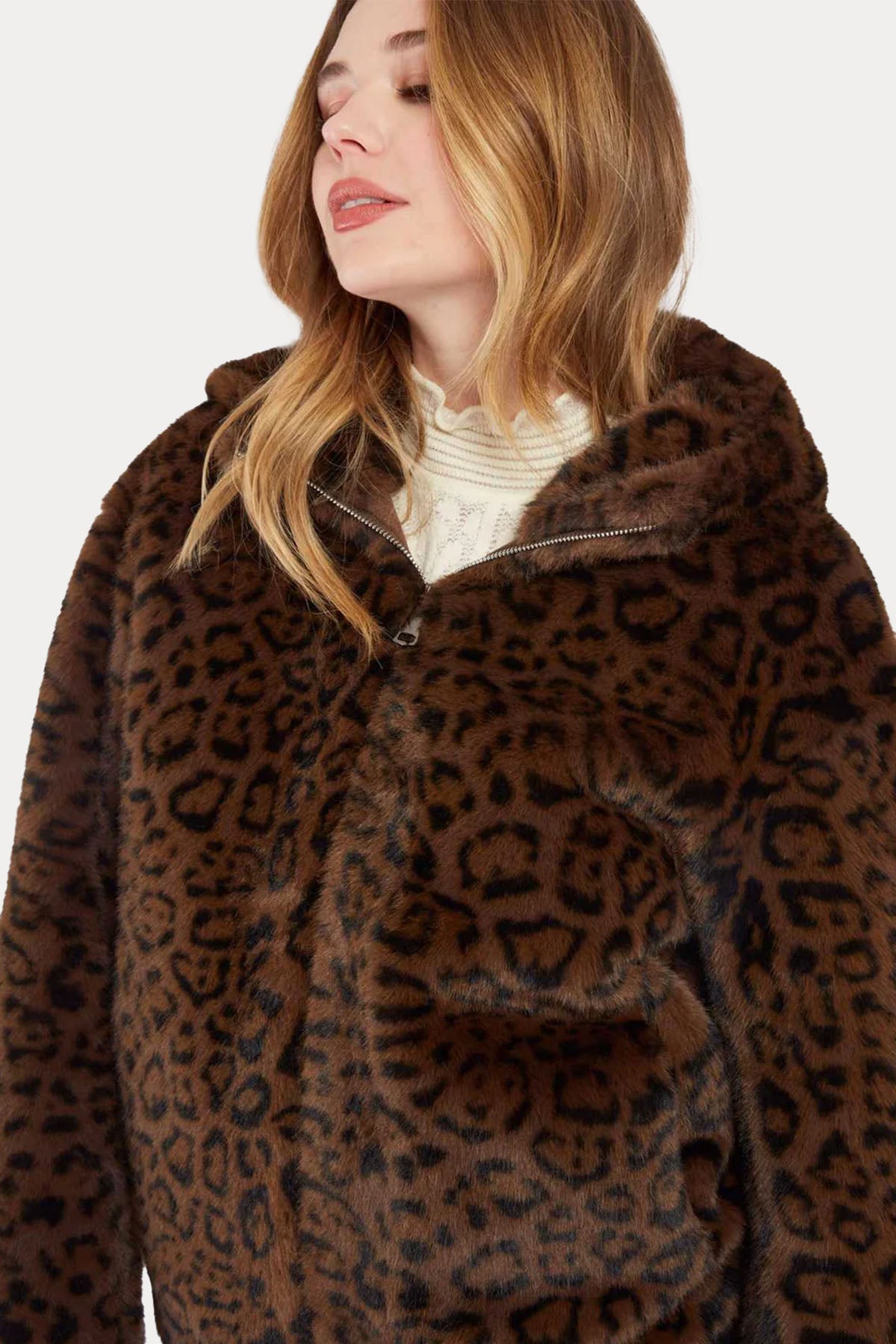 Rene Derhy Leopar Desenli Kapüşonlu Peluş Mont