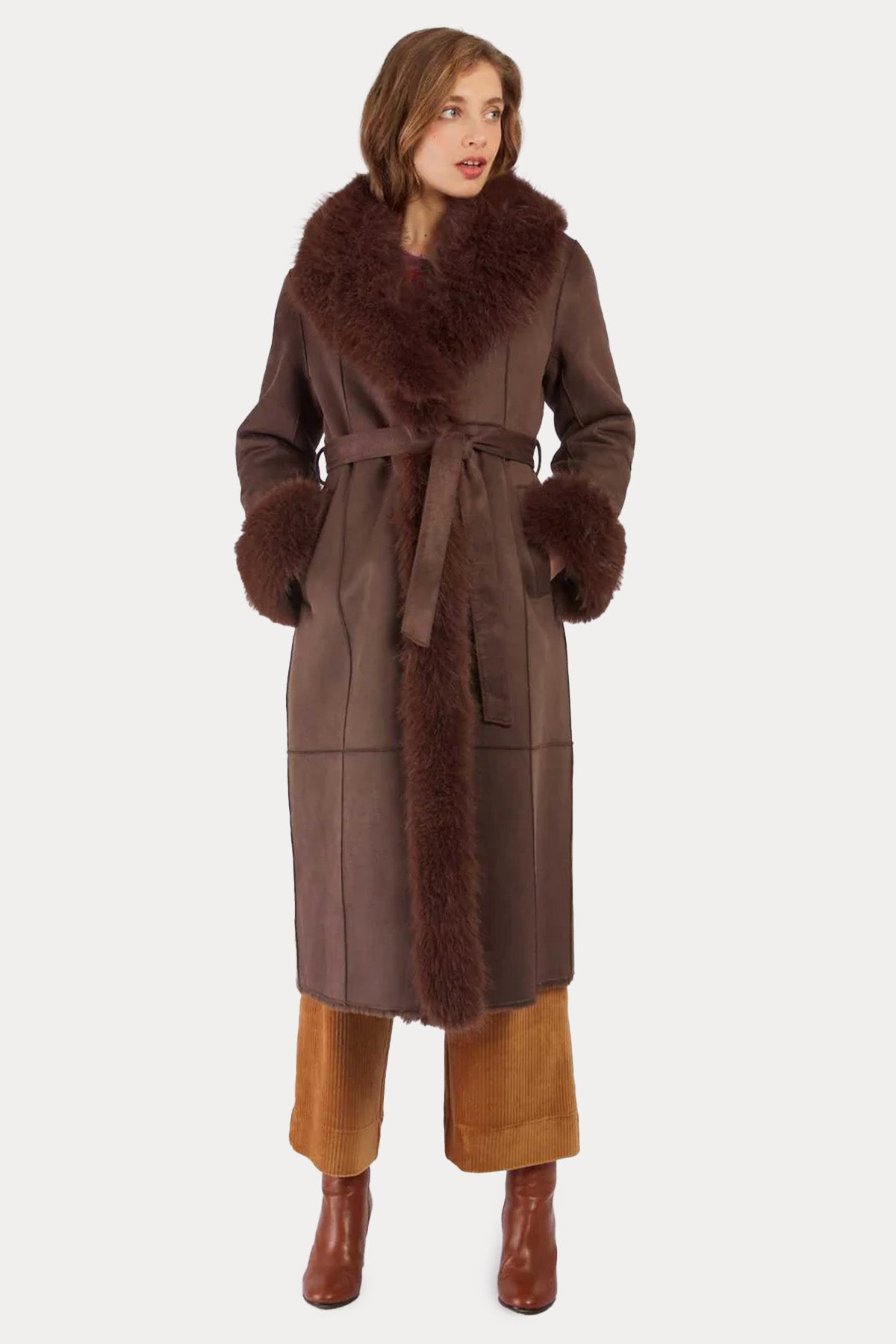 Rene Derhy Regular Fit Peluş Detaylı Kemerli Kaban