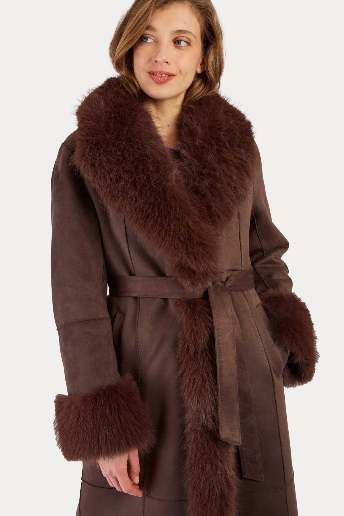 Rene Derhy Regular Fit Peluş Detaylı Kemerli Kaban