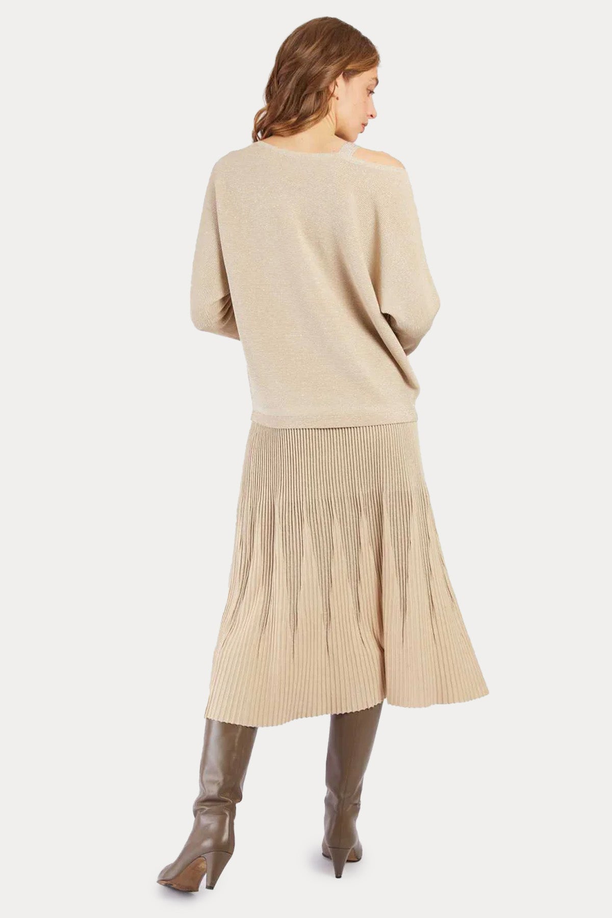 Rene Derhy Beli Lastikli Pileli Örgü Midi Etek