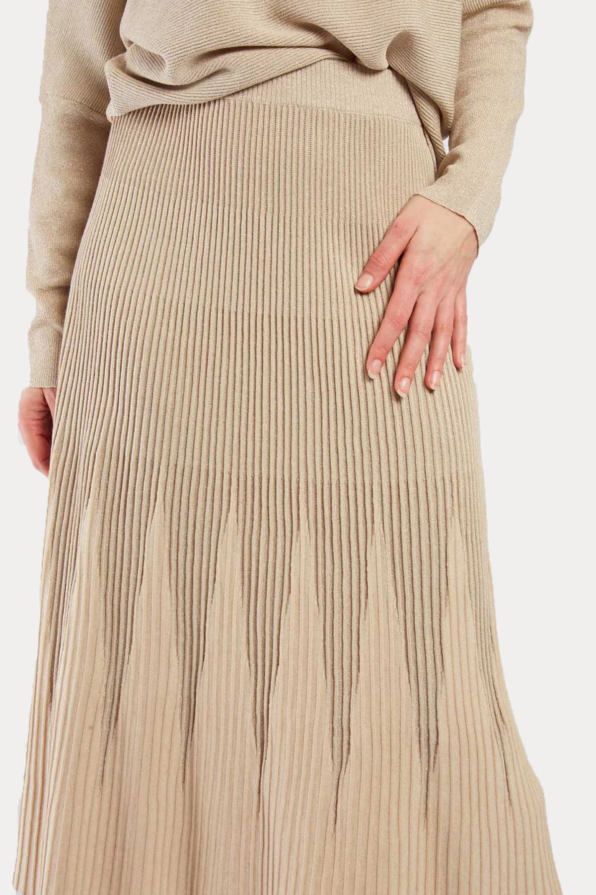 Rene Derhy Beli Lastikli Pileli Örgü Midi Etek