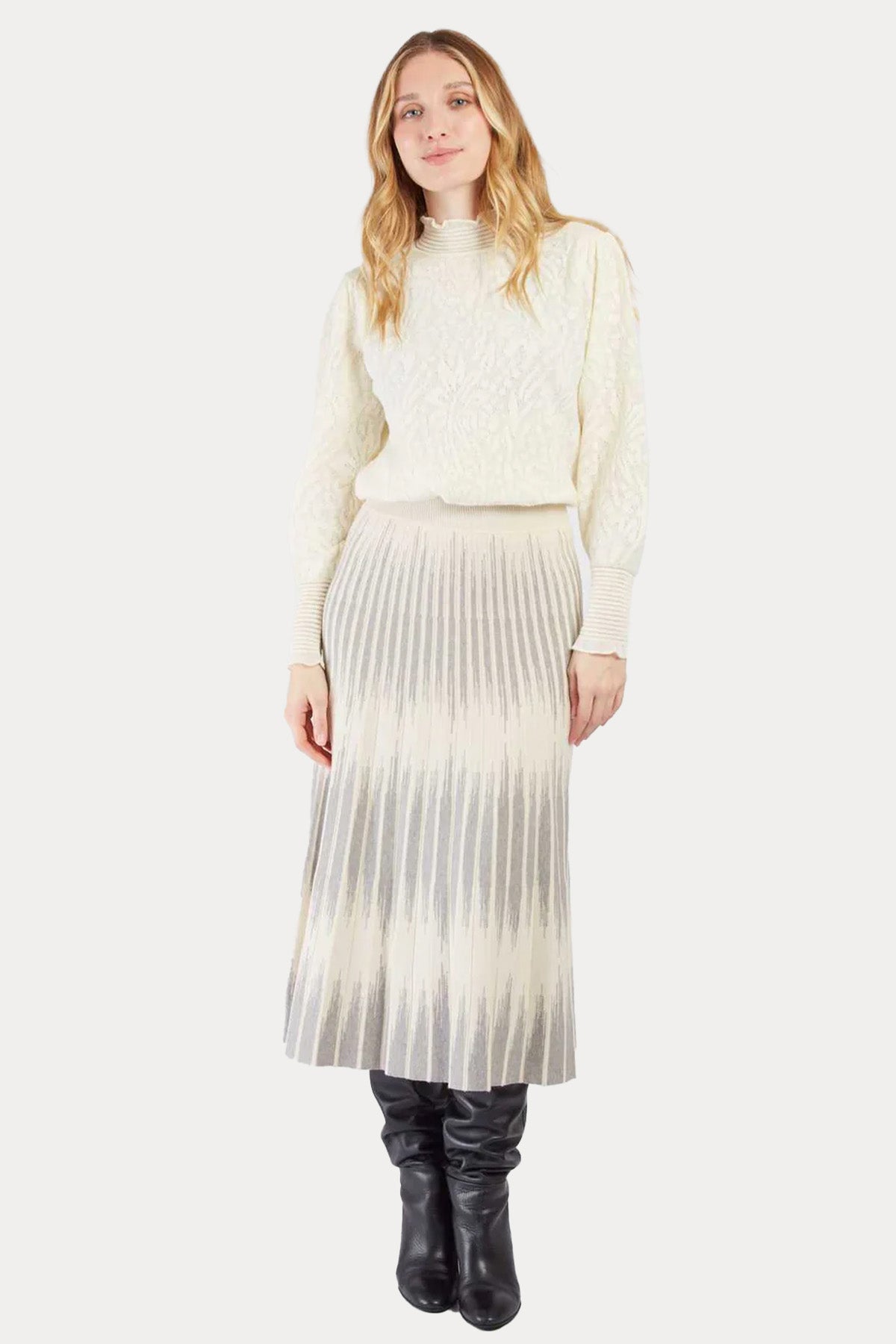 Rene Derhy Beli Lastikli Pileli Örgü Midi Etek