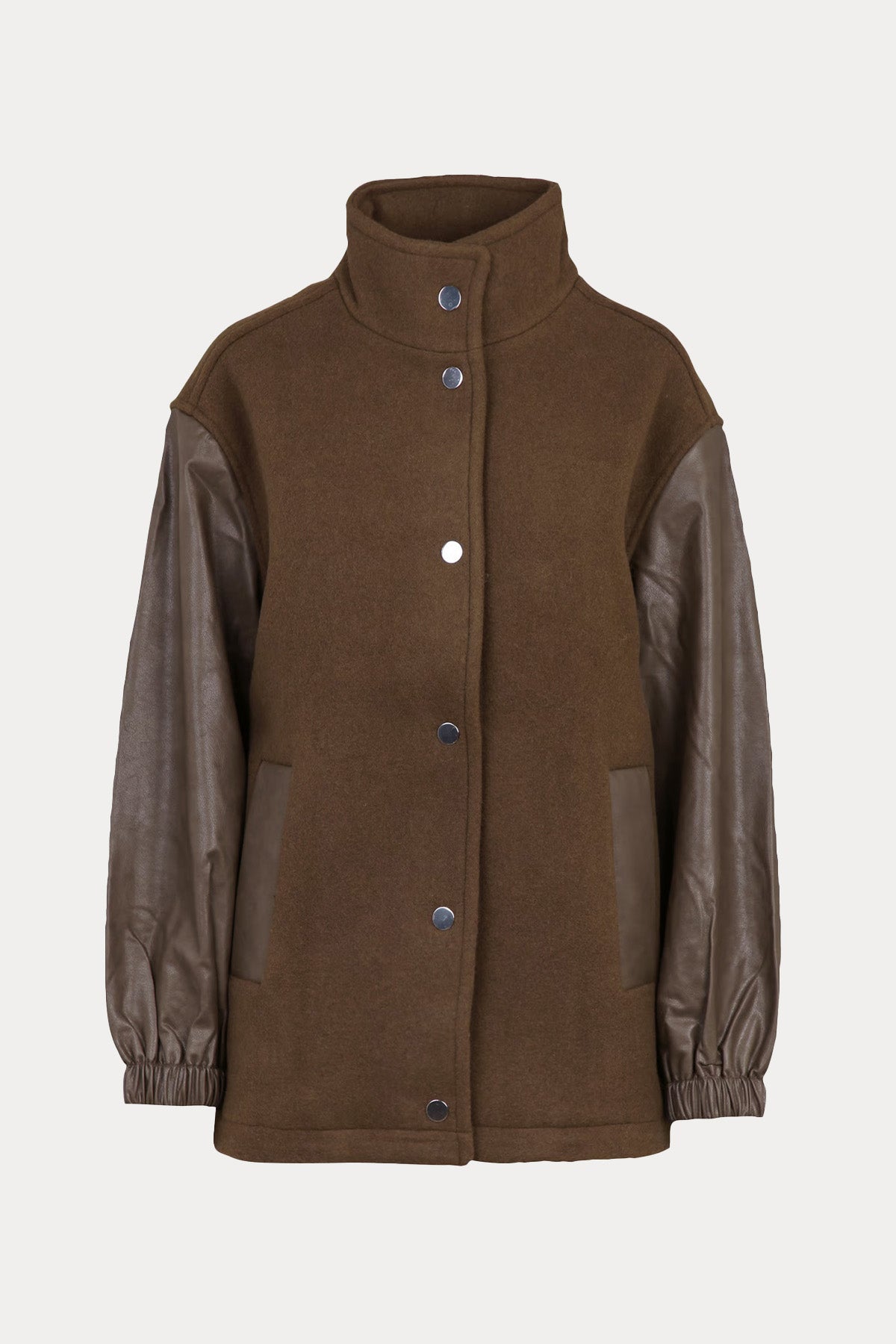 Berenice Comfort Fit Dik Yaka Deri Detaylı Yün Kaban