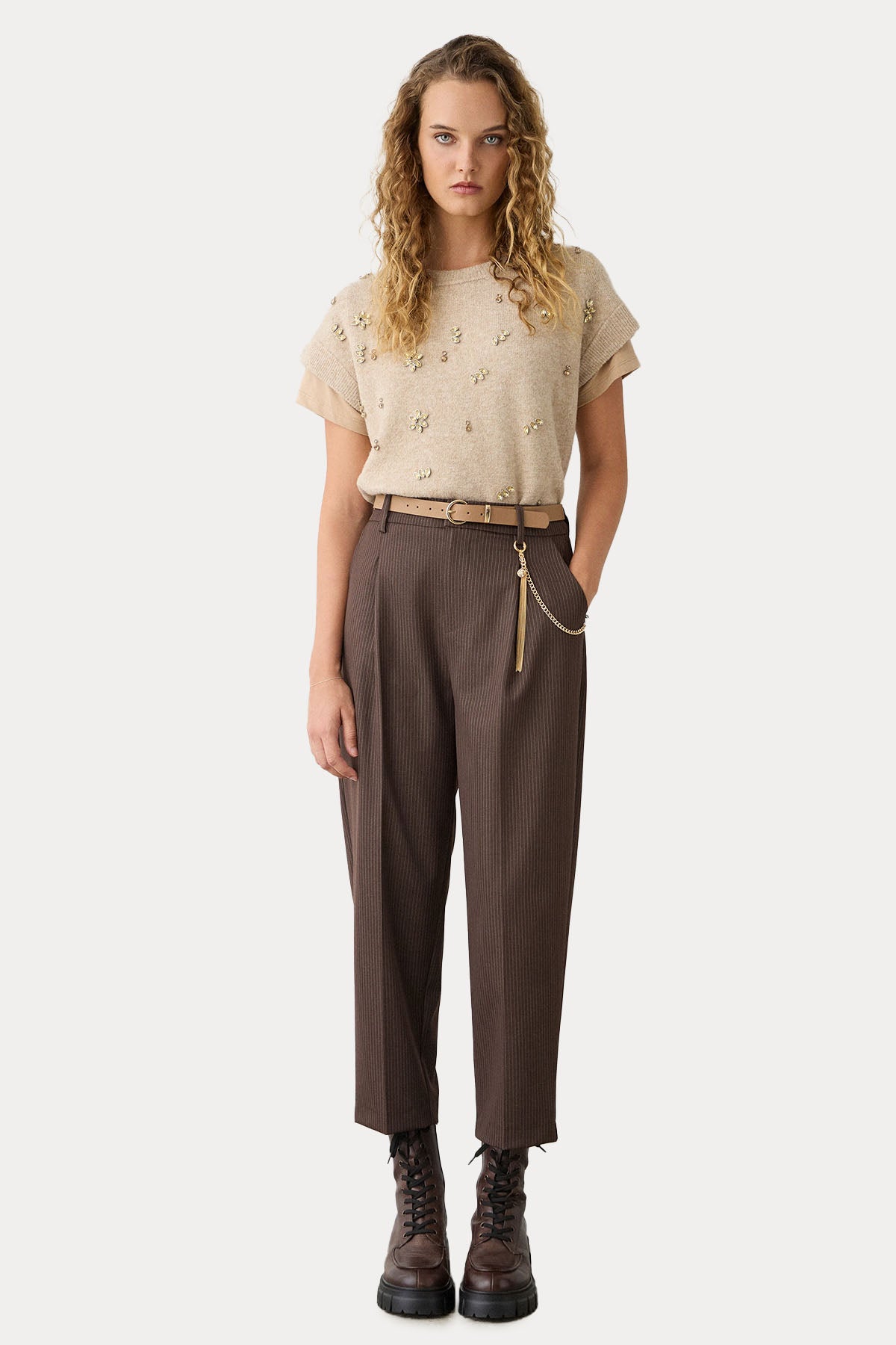 Bsb Relaxed Fit Yüksek Bel Kemerli Tek Pile Pantolon