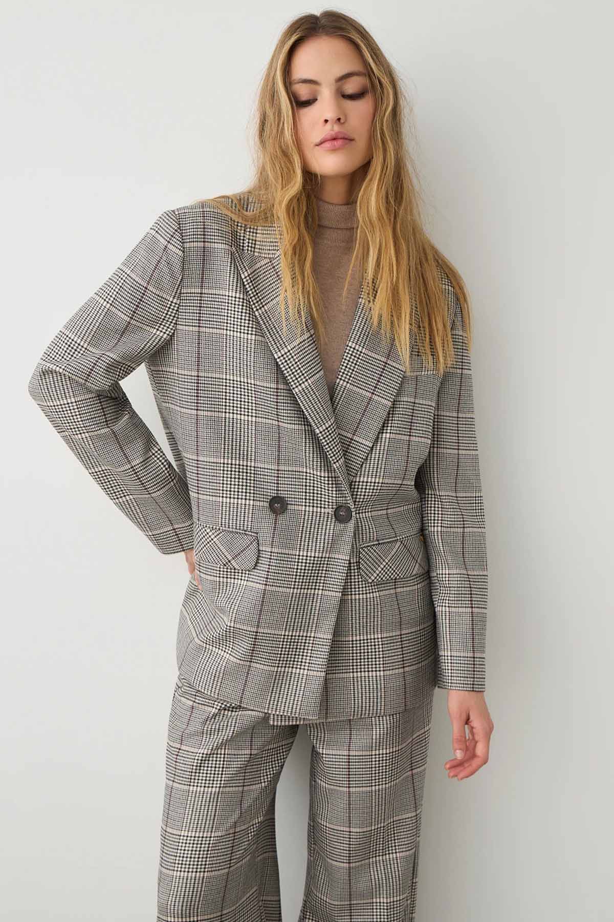 Bsb Relaxed Fit Ekose Desenli Kruvaze Blazer Ceket