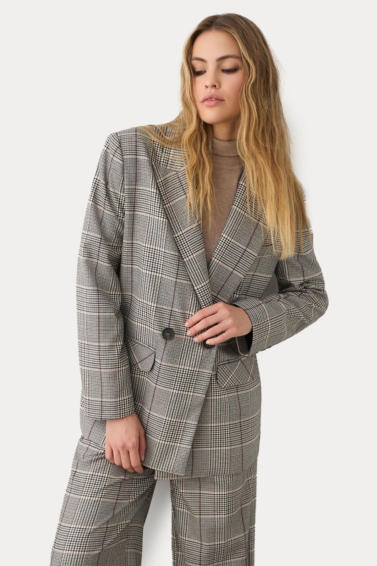 Bsb Relaxed Fit Ekose Desenli Kruvaze Blazer Ceket