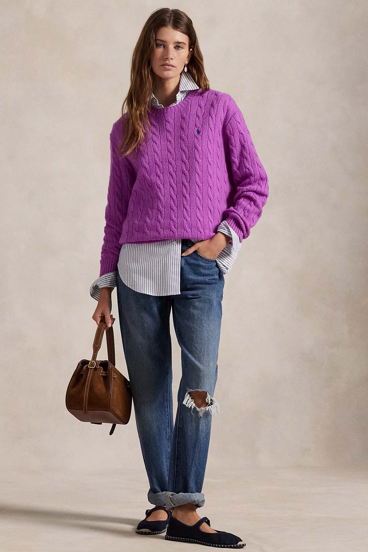 Polo Ralph Lauren Kaşmir Slim Fit Yuvarlak Yaka Saç Örgü Yün Triko